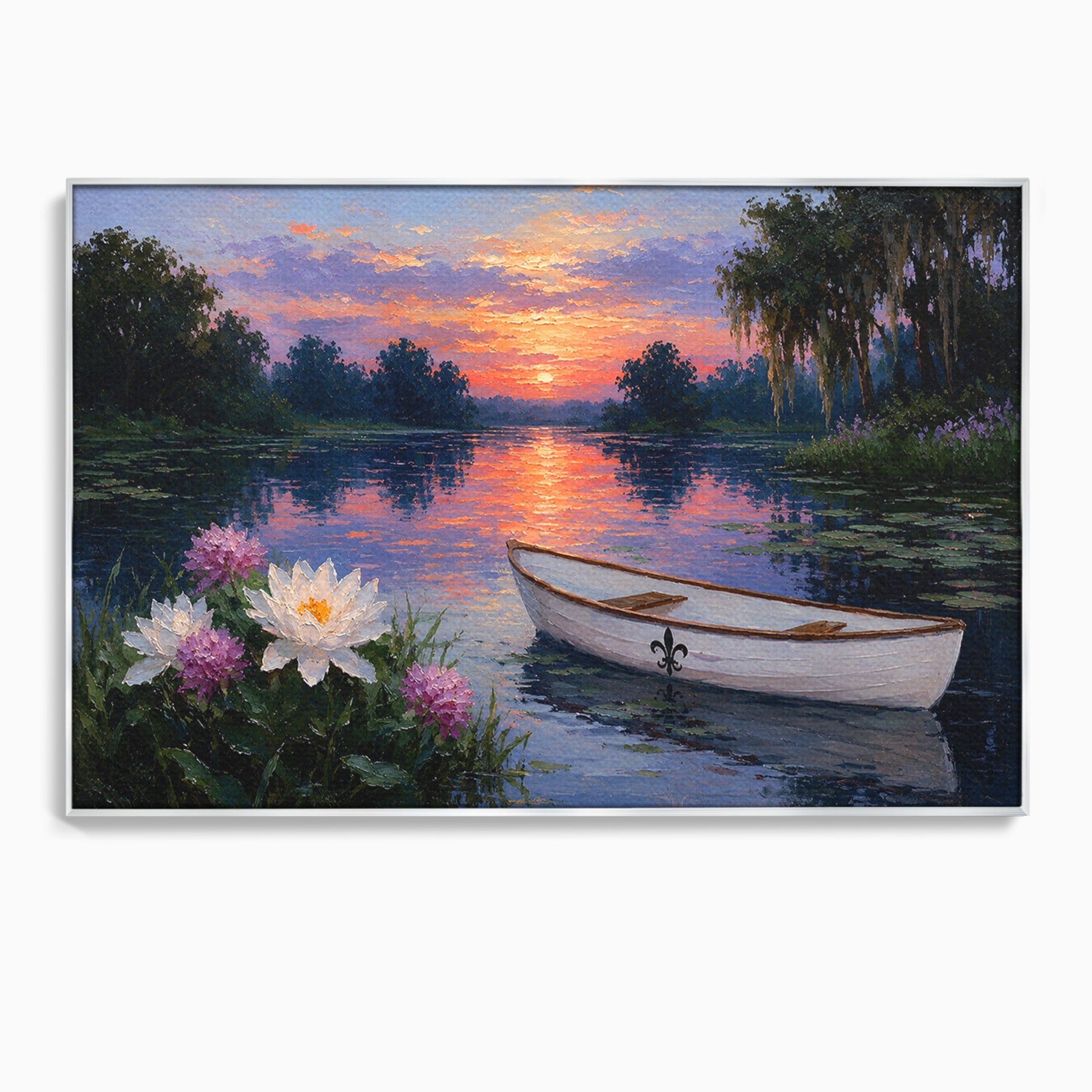 Tablou Canvas Premium LuxCanva® A1692, Barca Pe Lac La Apus, Barca, Lac, Apus, Natura, Flori, Living, Culori Vibrante