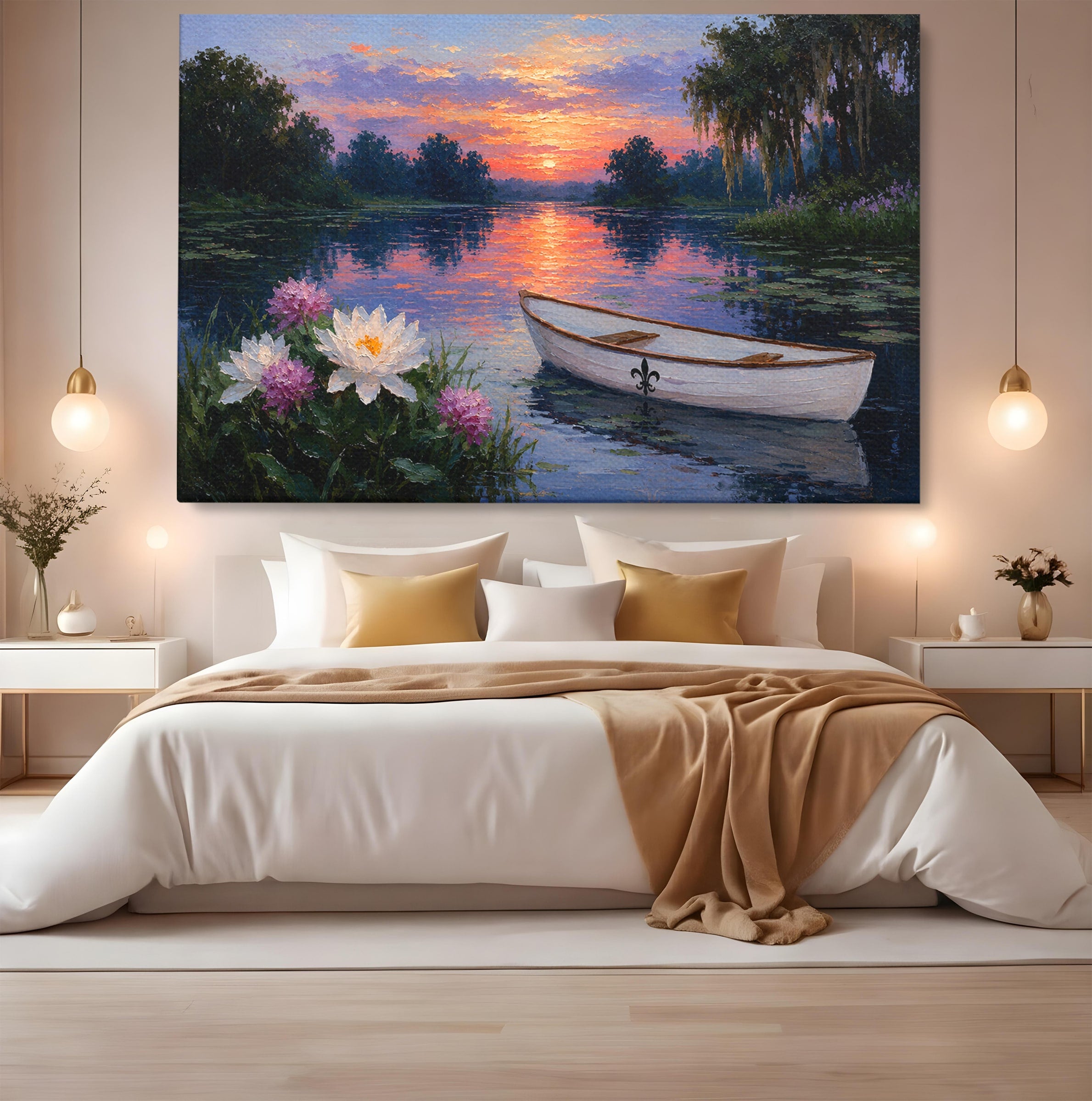 Tablou Canvas Premium LuxCanva® A1692, Barca Pe Lac La Apus, Barca, Lac, Apus, Natura, Flori, Living, Culori Vibrante