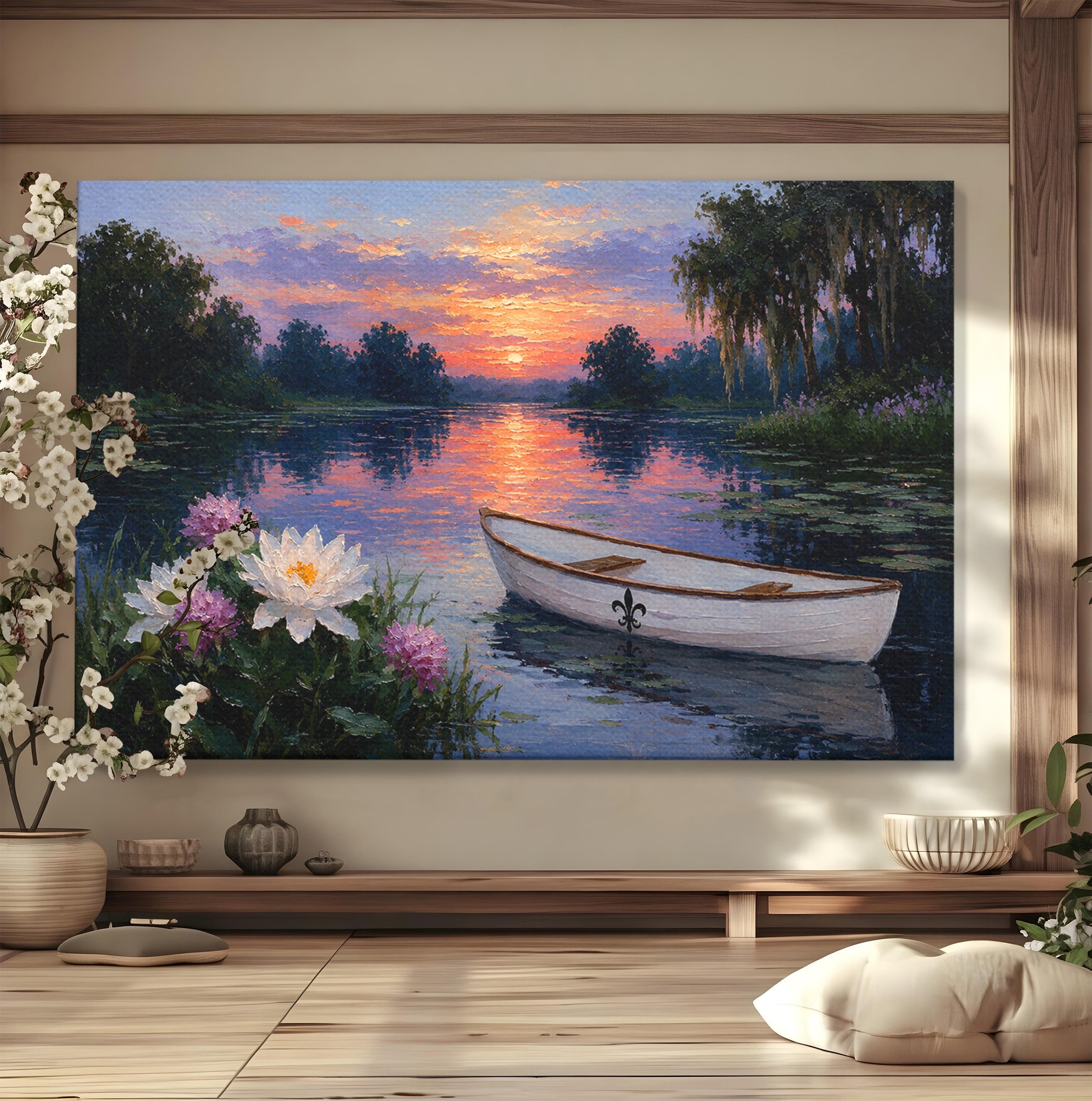 Tablou Canvas Premium LuxCanva® A1692, Barca Pe Lac La Apus, Barca, Lac, Apus, Natura, Flori, Living, Culori Vibrante