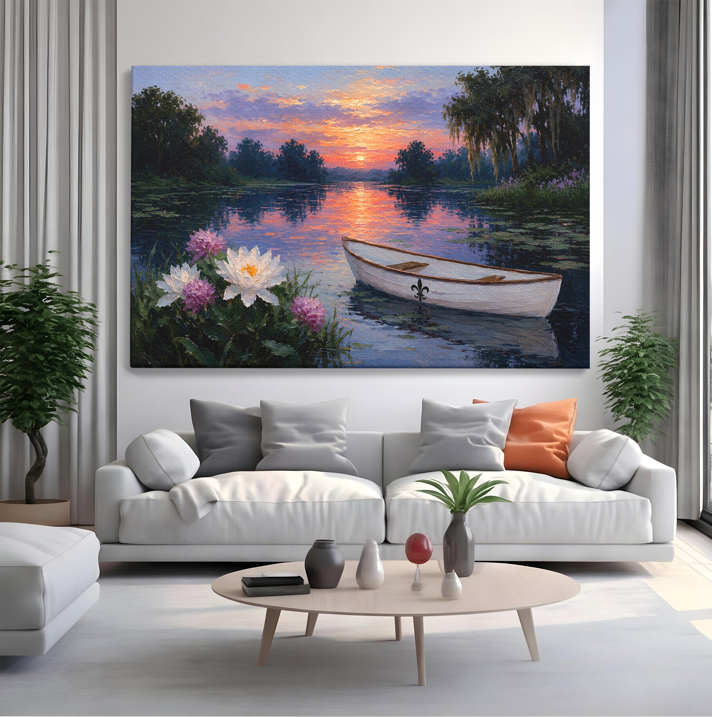 Tablou Canvas Premium LuxCanva® A1692, Barca Pe Lac La Apus, Barca, Lac, Apus, Natura, Flori, Living, Culori Vibrante