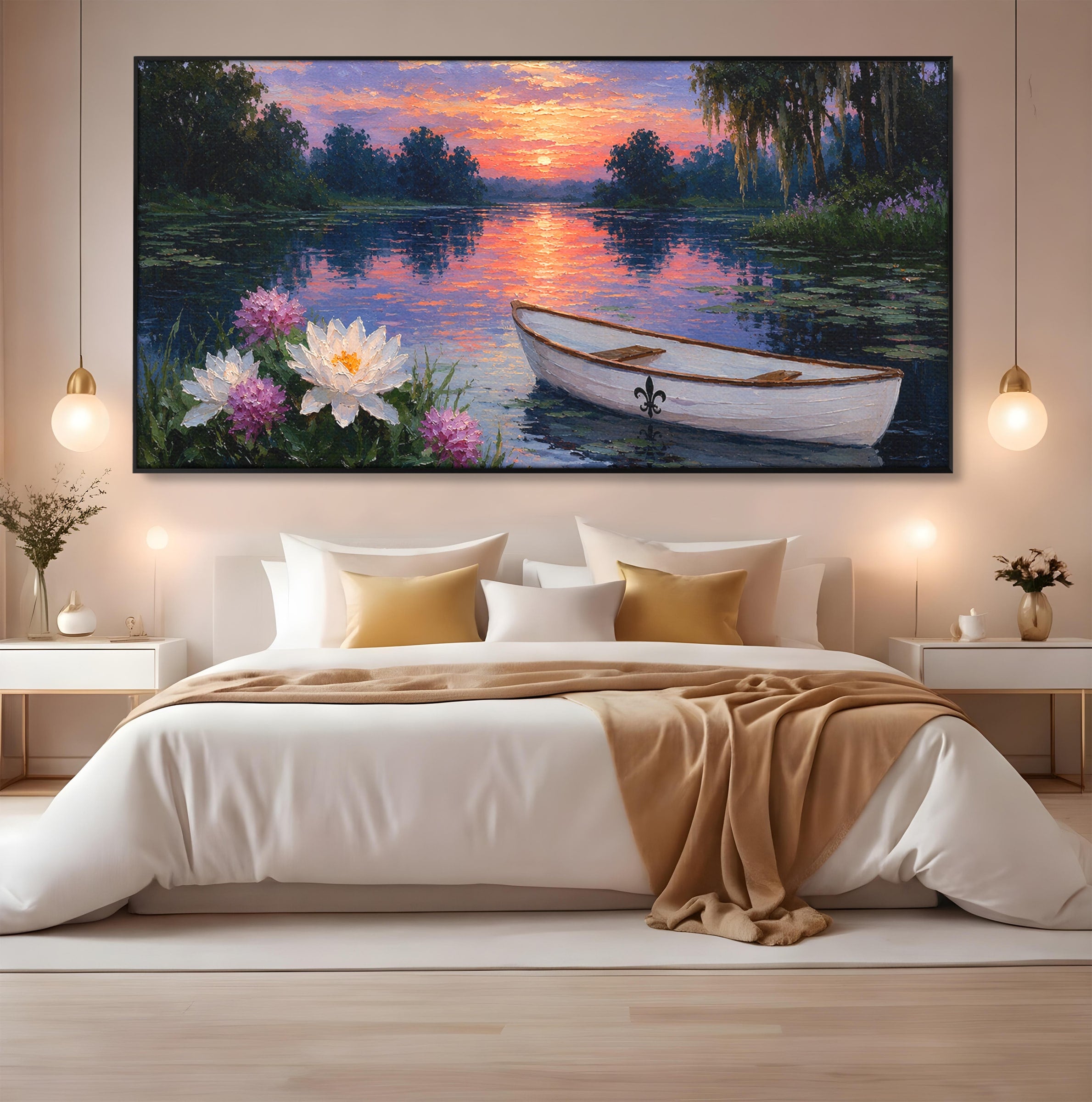 Tablou Canvas Premium LuxCanva® A1692, Barca Pe Lac La Apus, Barca, Lac, Apus, Natura, Flori, Living, Culori Vibrante
