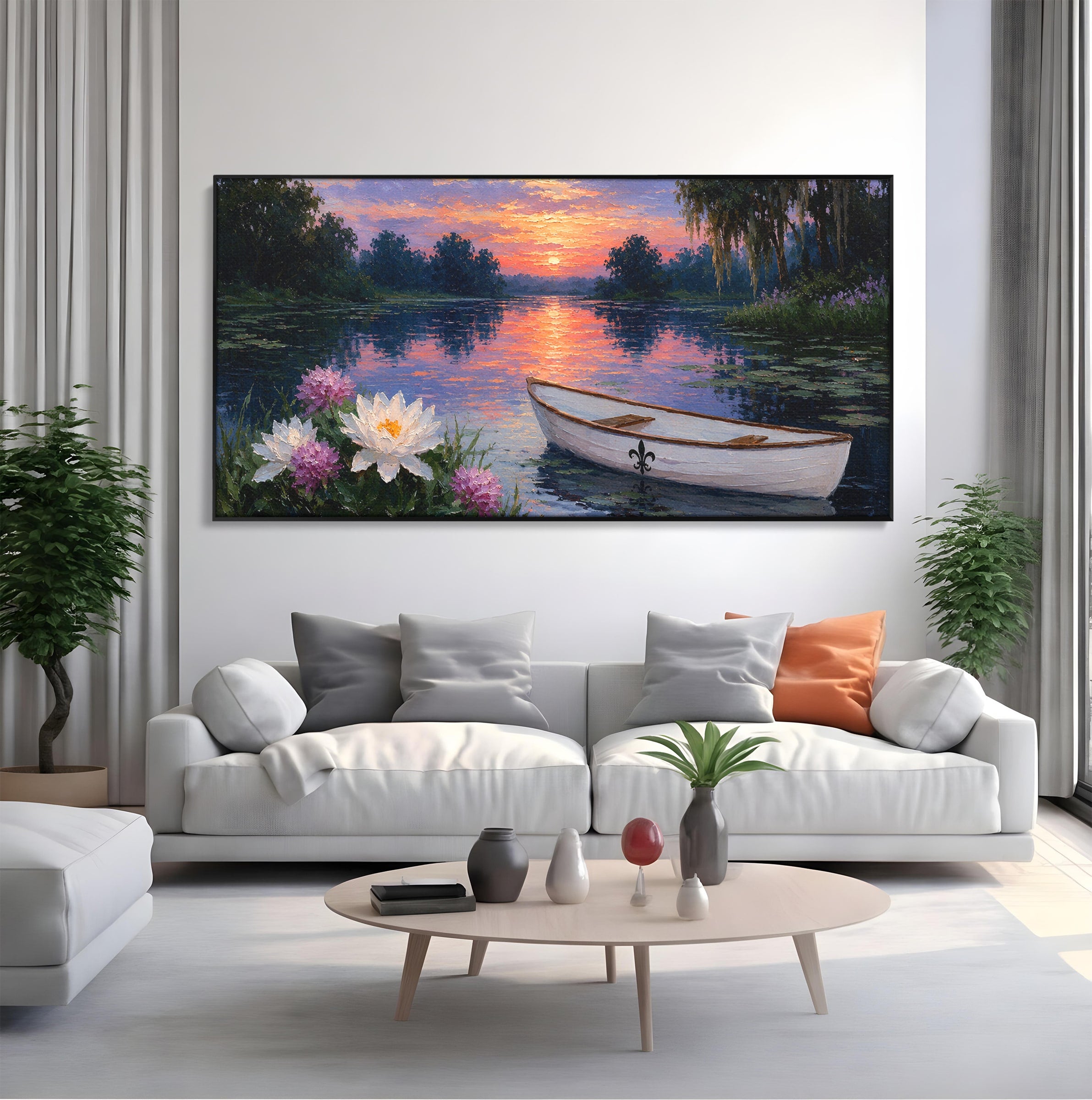 Tablou Canvas Premium LuxCanva® A1692, Barca Pe Lac La Apus, Barca, Lac, Apus, Natura, Flori, Living, Culori Vibrante