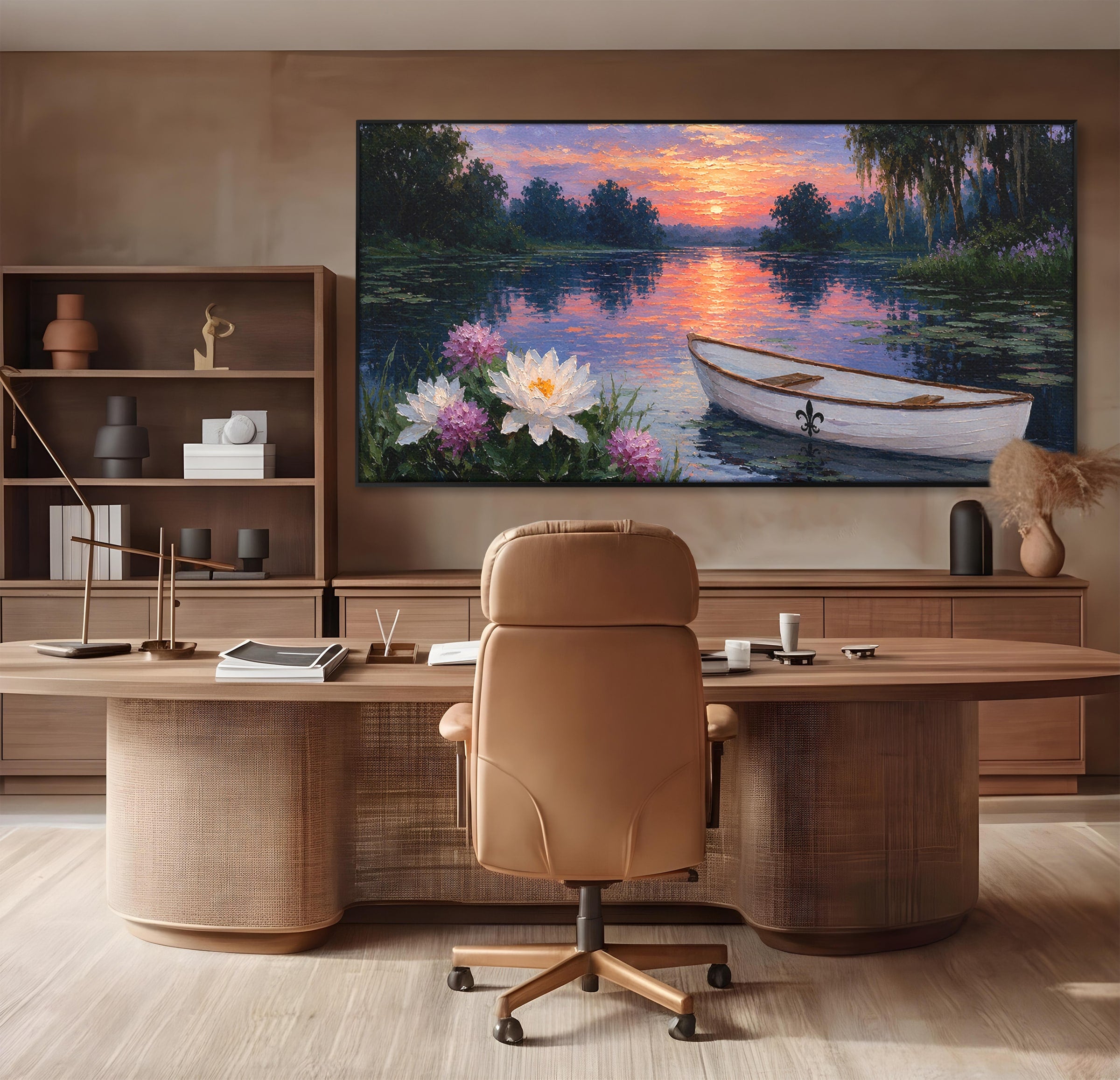 Tablou Canvas Premium LuxCanva® A1692, Barca Pe Lac La Apus, Barca, Lac, Apus, Natura, Flori, Living, Culori Vibrante