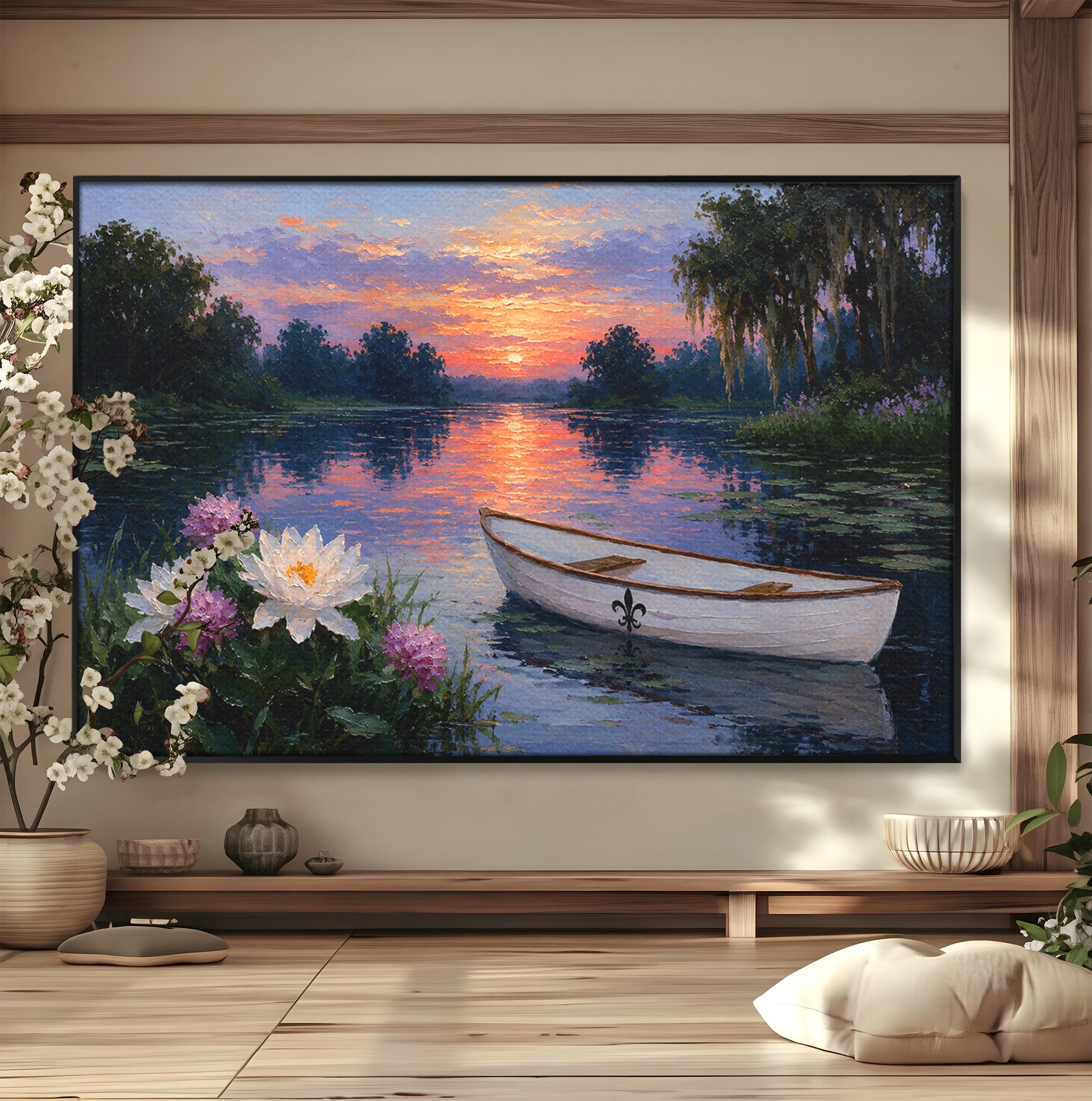 Tablou Canvas Premium LuxCanva® A1692, Barca Pe Lac La Apus, Barca, Lac, Apus, Natura, Flori, Living, Culori Vibrante