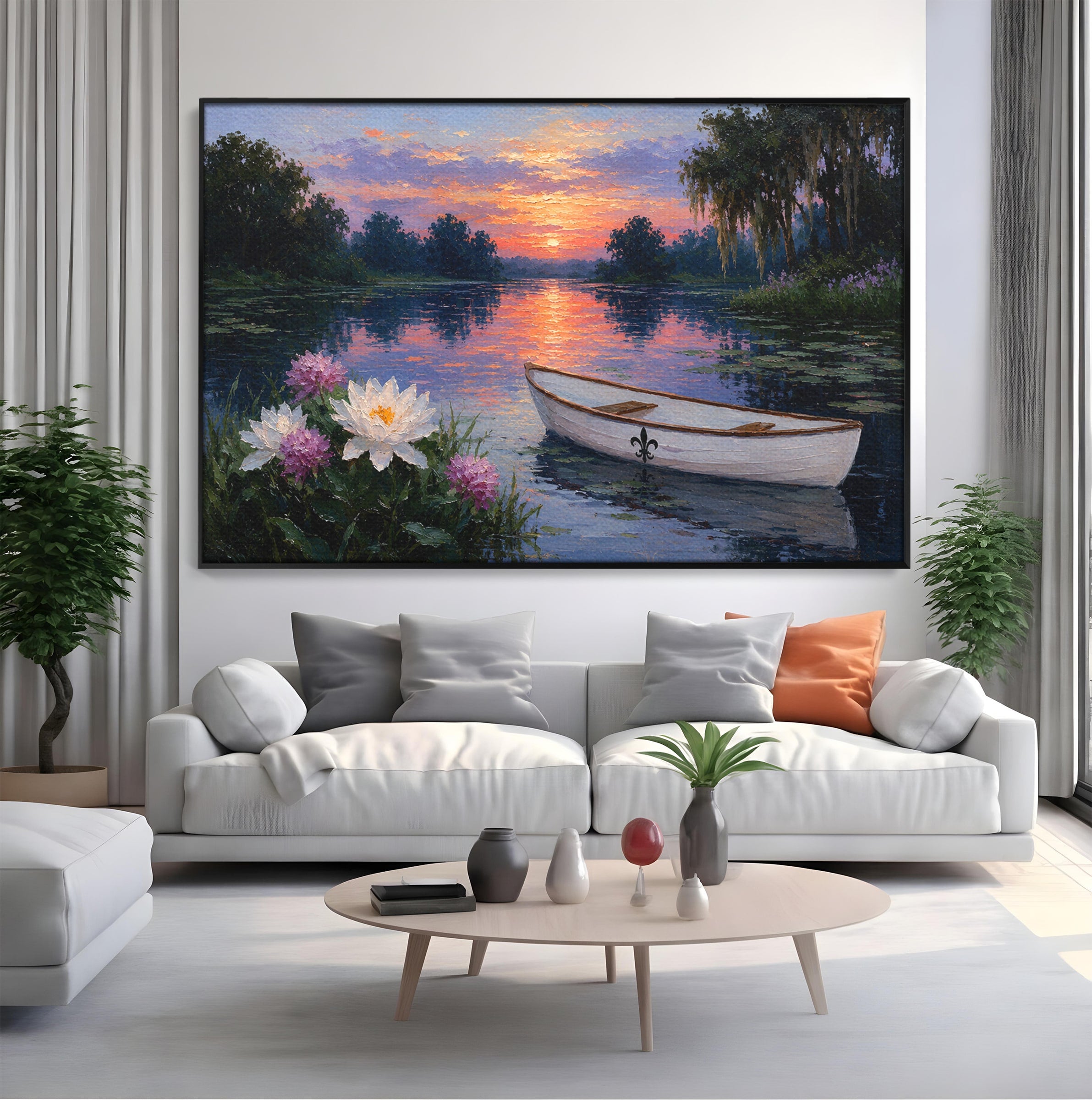 Tablou Canvas Premium LuxCanva® A1692, Barca Pe Lac La Apus, Barca, Lac, Apus, Natura, Flori, Living, Culori Vibrante