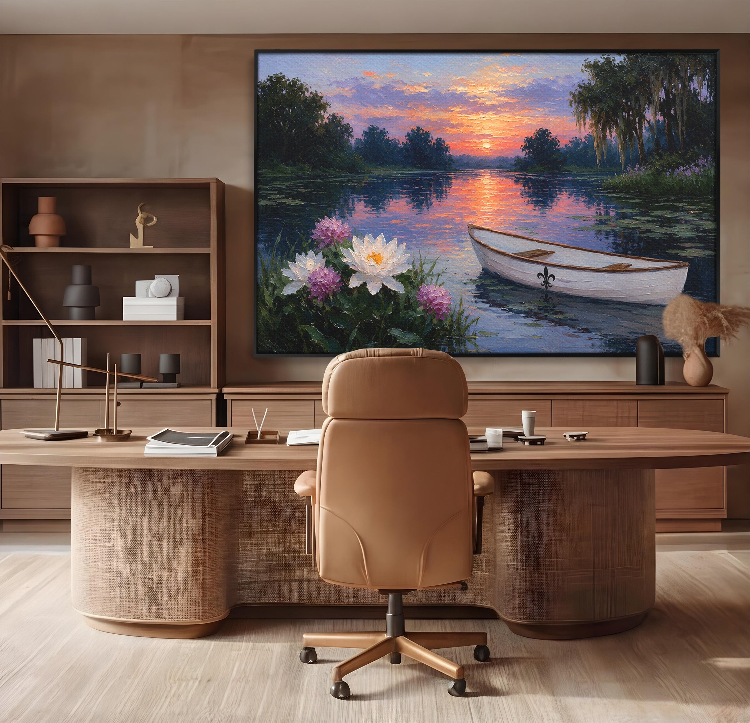 Tablou Canvas Premium LuxCanva® A1692, Barca Pe Lac La Apus, Barca, Lac, Apus, Natura, Flori, Living, Culori Vibrante