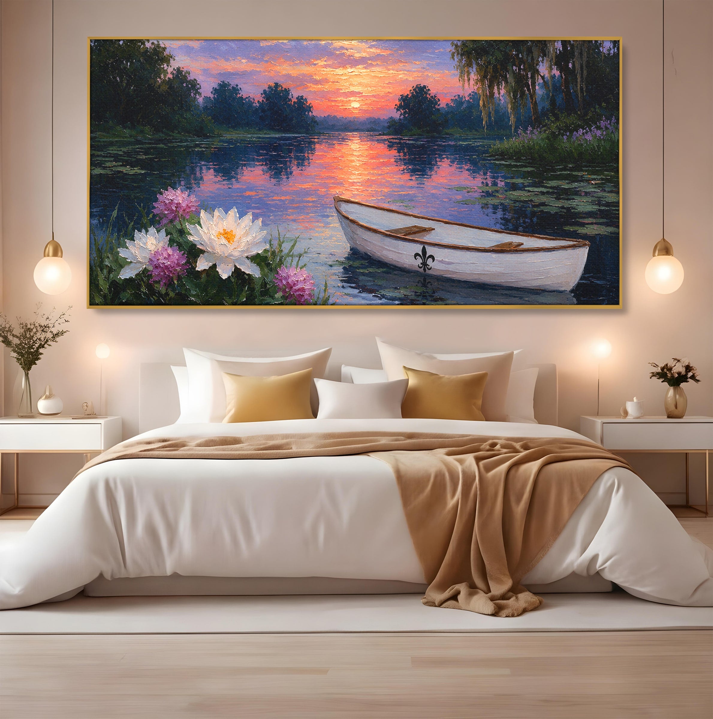 Tablou Canvas Premium LuxCanva® A1692, Barca Pe Lac La Apus, Barca, Lac, Apus, Natura, Flori, Living, Culori Vibrante
