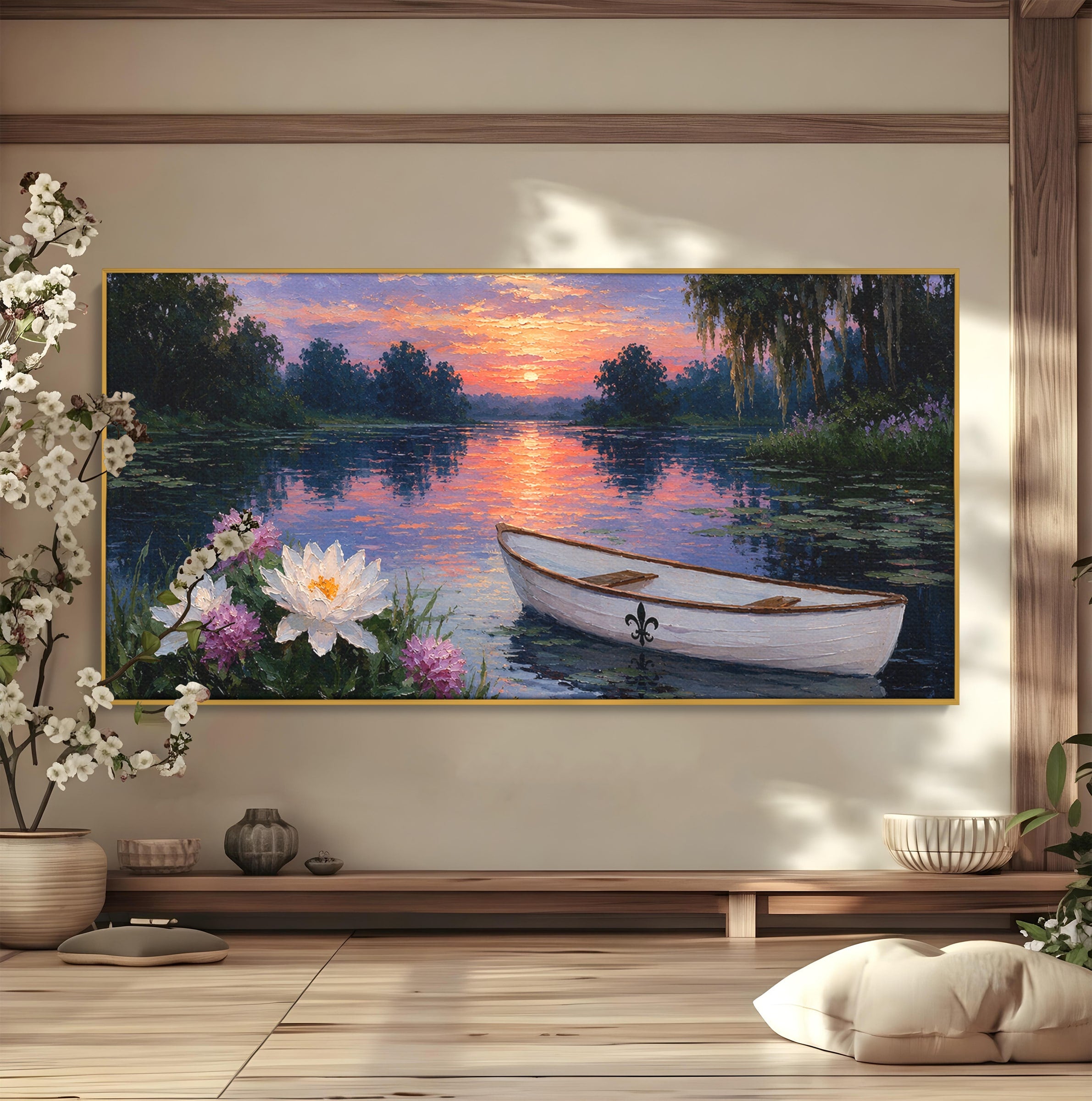 Tablou Canvas Premium LuxCanva® A1692, Barca Pe Lac La Apus, Barca, Lac, Apus, Natura, Flori, Living, Culori Vibrante