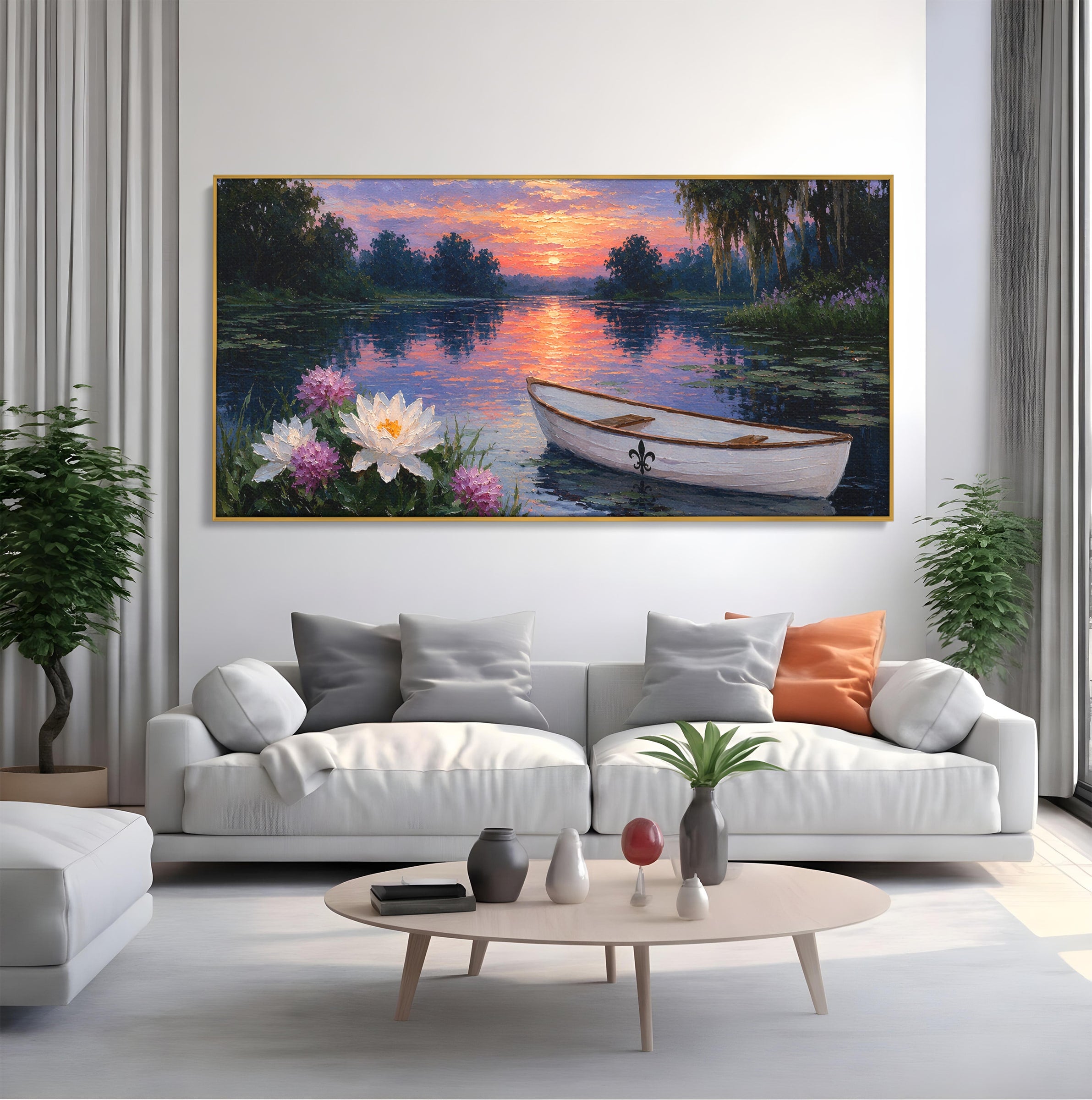 Tablou Canvas Premium LuxCanva® A1692, Barca Pe Lac La Apus, Barca, Lac, Apus, Natura, Flori, Living, Culori Vibrante