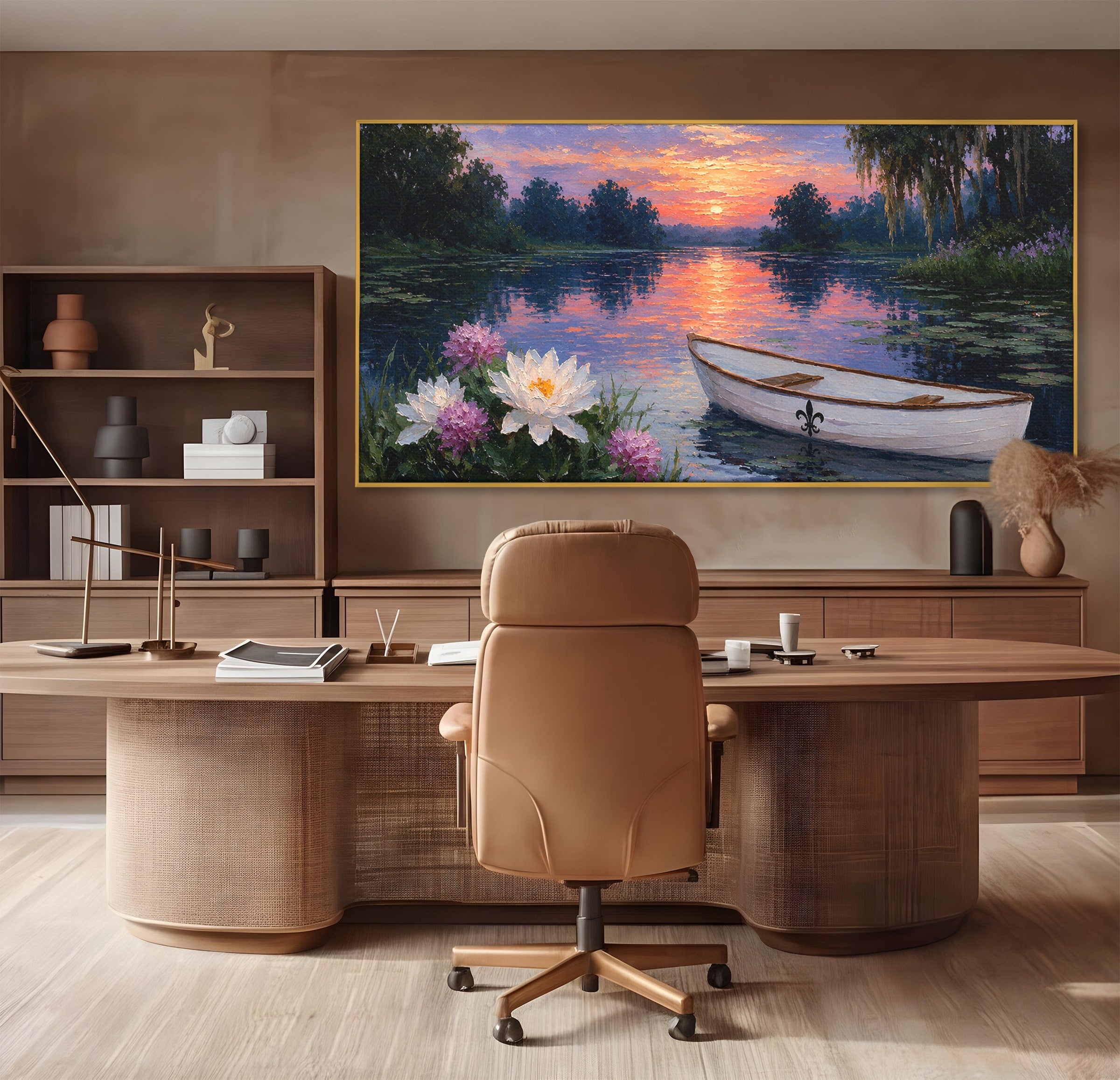 Tablou Canvas Premium LuxCanva® A1692, Barca Pe Lac La Apus, Barca, Lac, Apus, Natura, Flori, Living, Culori Vibrante