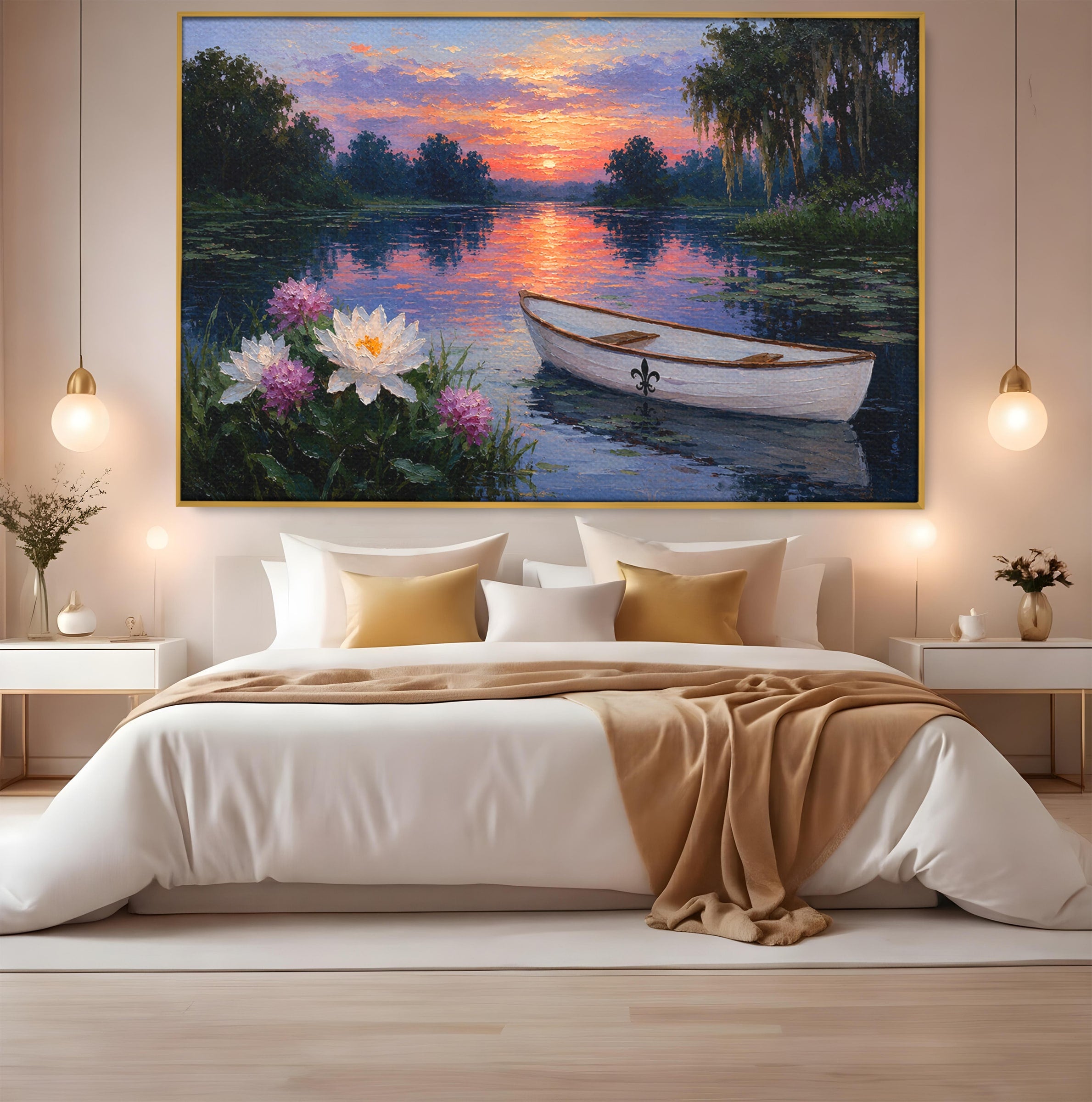 Tablou Canvas Premium LuxCanva® A1692, Barca Pe Lac La Apus, Barca, Lac, Apus, Natura, Flori, Living, Culori Vibrante