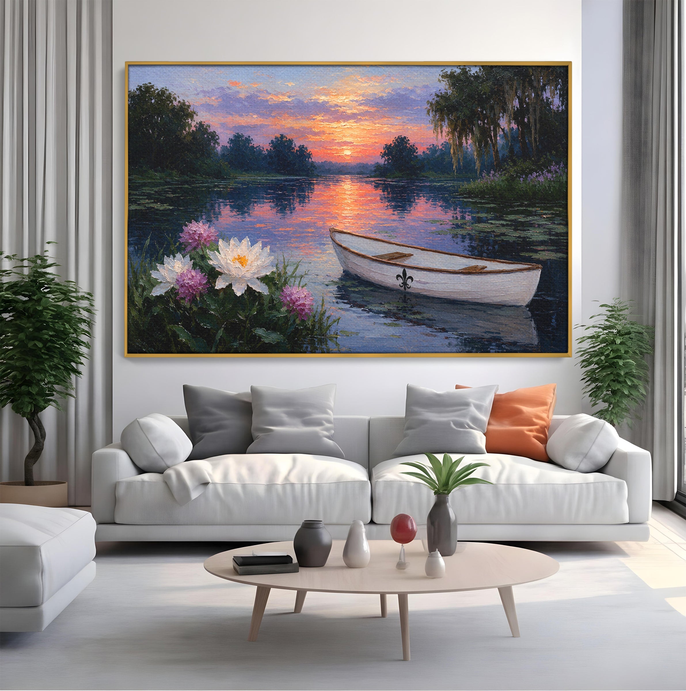 Tablou Canvas Premium LuxCanva® A1692, Barca Pe Lac La Apus, Barca, Lac, Apus, Natura, Flori, Living, Culori Vibrante