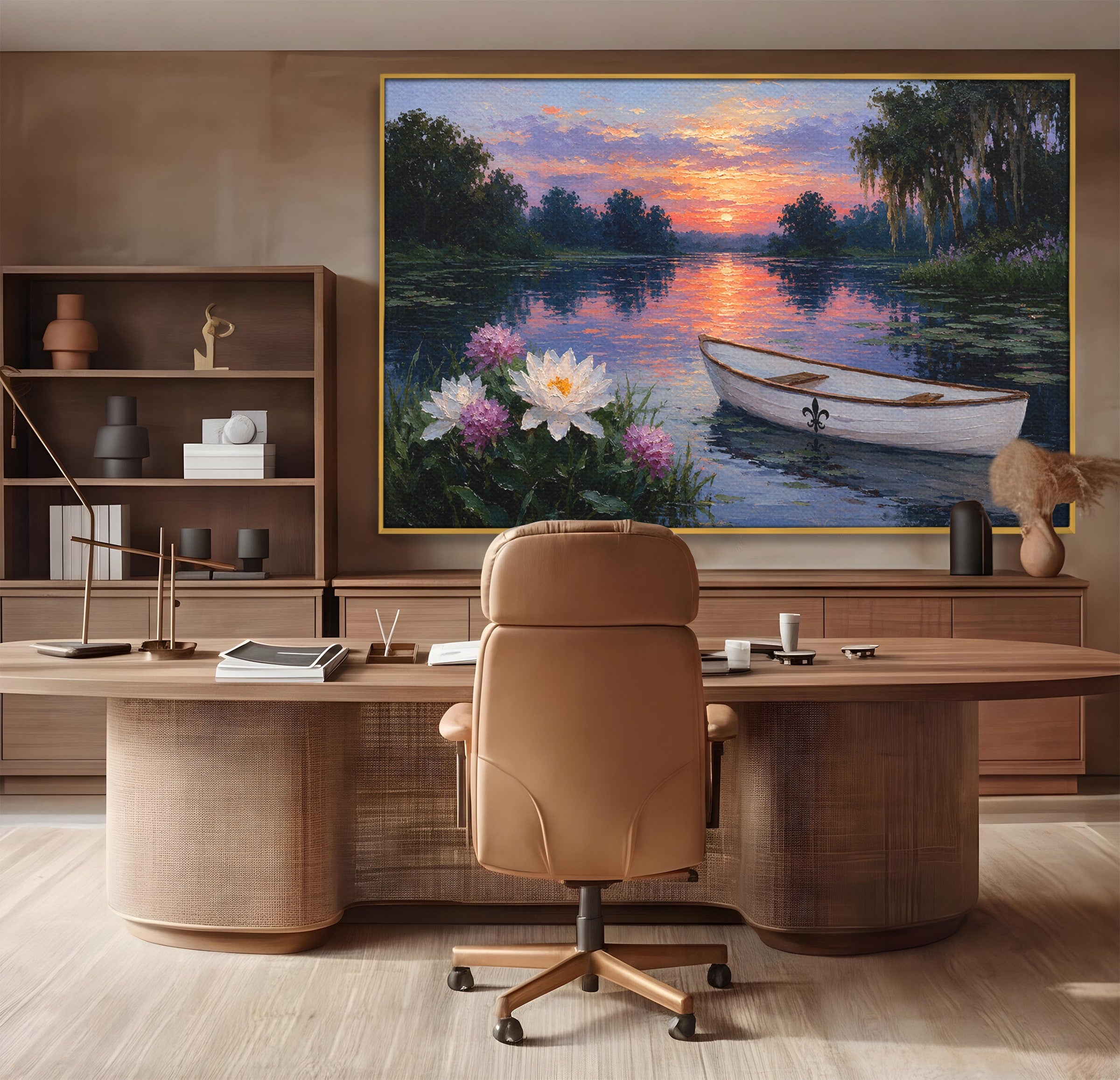 Tablou Canvas Premium LuxCanva® A1692, Barca Pe Lac La Apus, Barca, Lac, Apus, Natura, Flori, Living, Culori Vibrante