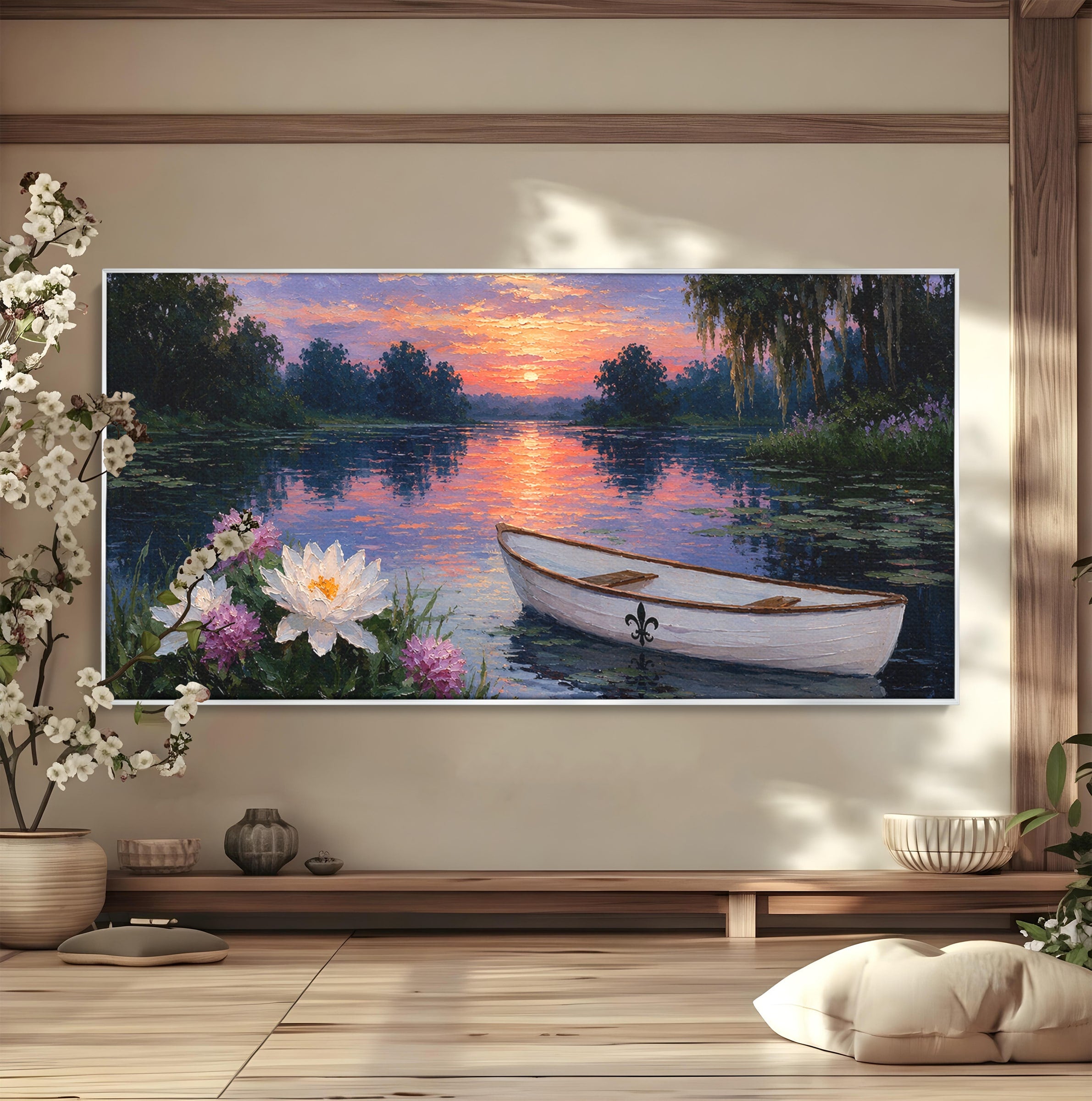 Tablou Canvas Premium LuxCanva® A1692, Barca Pe Lac La Apus, Barca, Lac, Apus, Natura, Flori, Living, Culori Vibrante