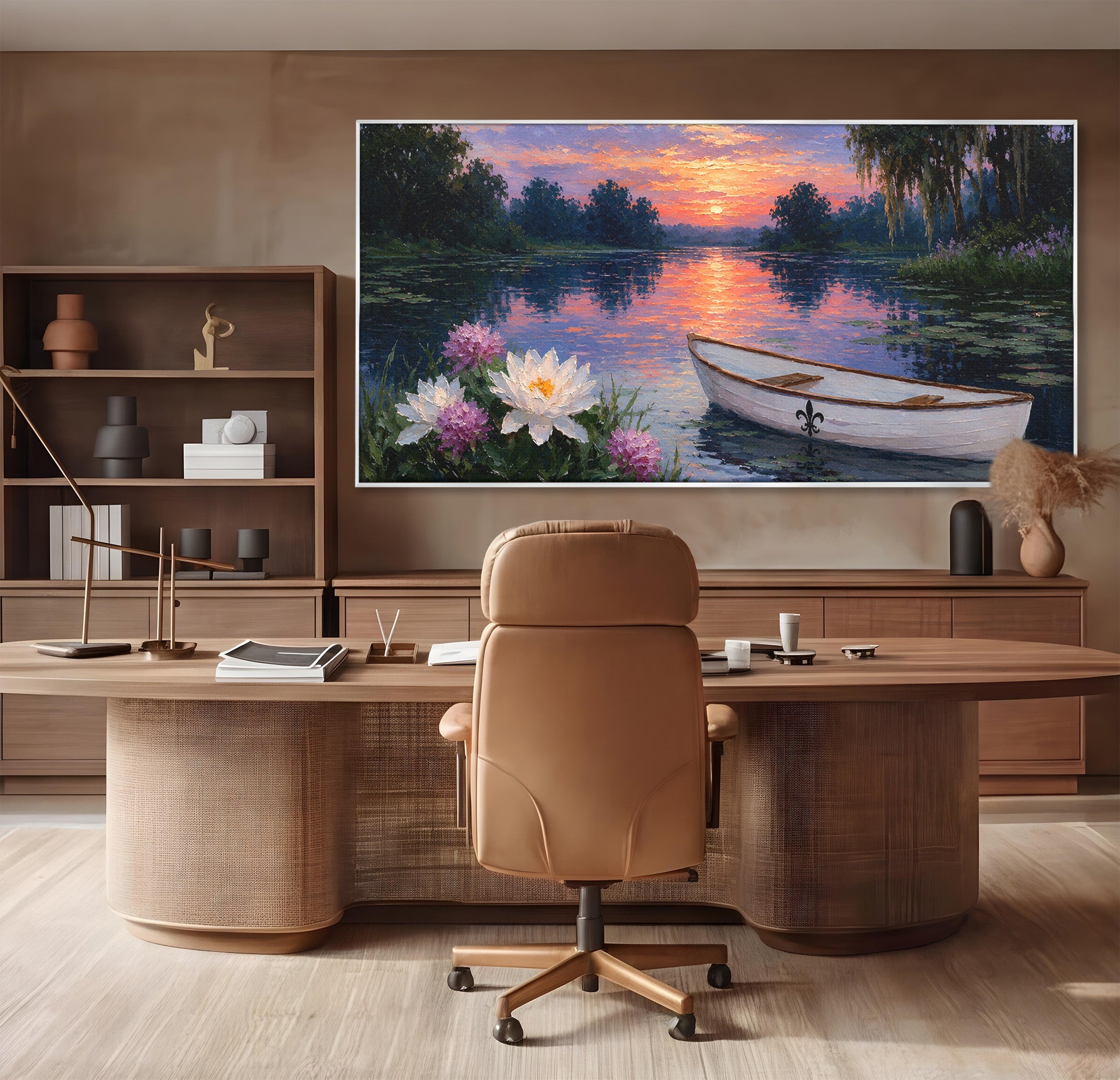 Tablou Canvas Premium LuxCanva® A1692, Barca Pe Lac La Apus, Barca, Lac, Apus, Natura, Flori, Living, Culori Vibrante
