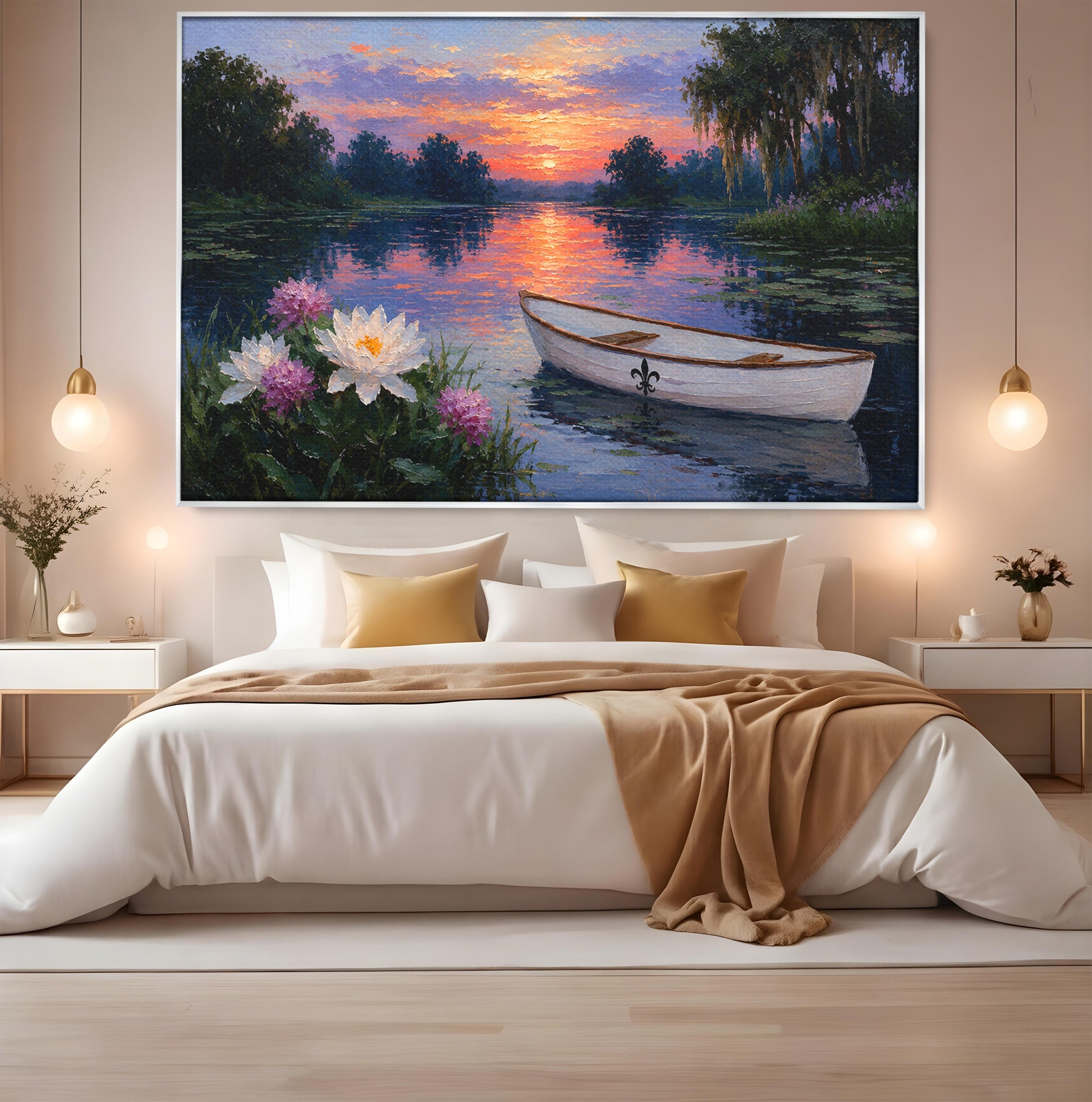 Tablou Canvas Premium LuxCanva® A1692, Barca Pe Lac La Apus, Barca, Lac, Apus, Natura, Flori, Living, Culori Vibrante