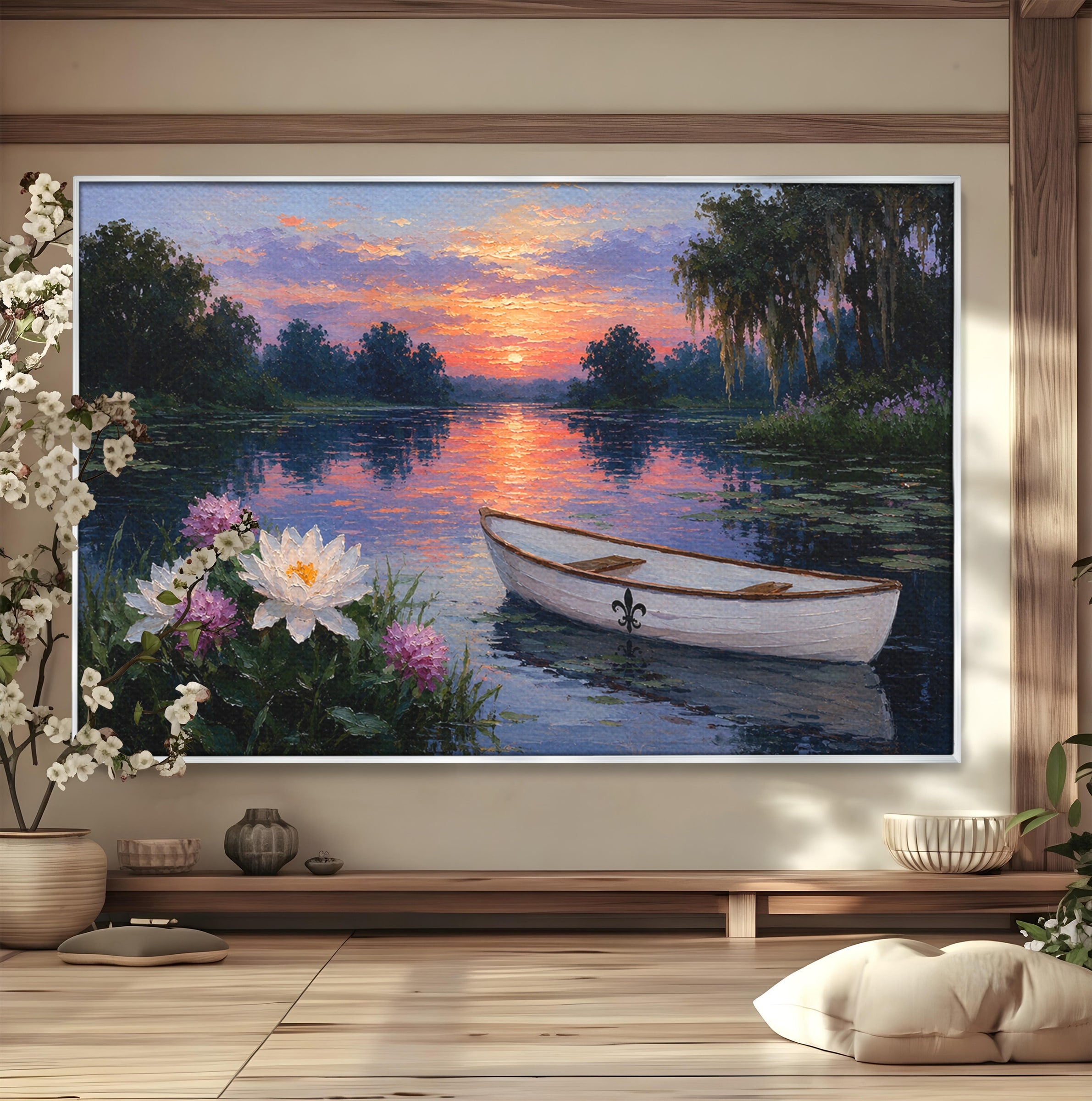 Tablou Canvas Premium LuxCanva® A1692, Barca Pe Lac La Apus, Barca, Lac, Apus, Natura, Flori, Living, Culori Vibrante