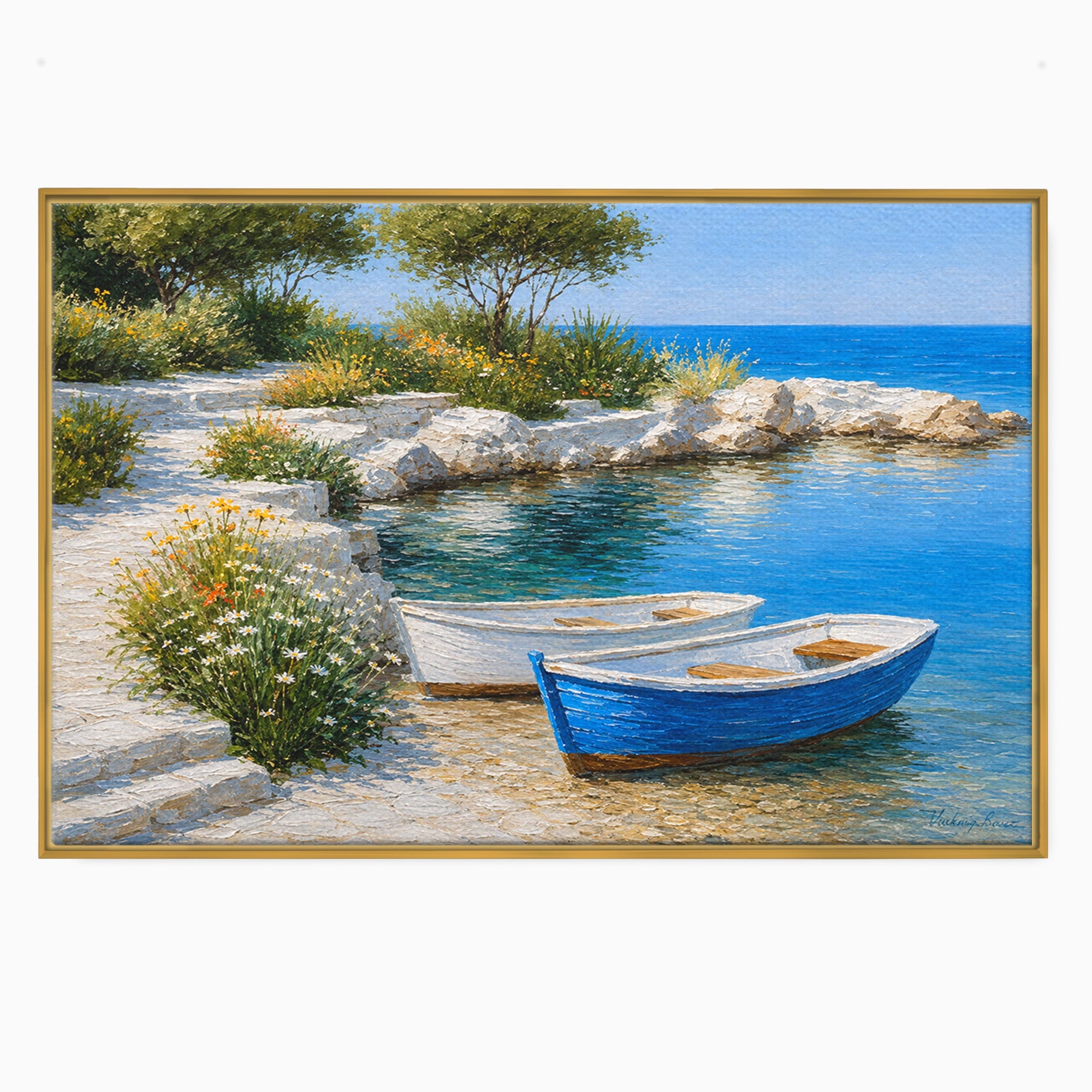 Tablou Canvas Premium LuxCanva® A1693, Barci La Tarm, Mare, Barci, Peisaj, Natura, Living, Culori Vibrante
