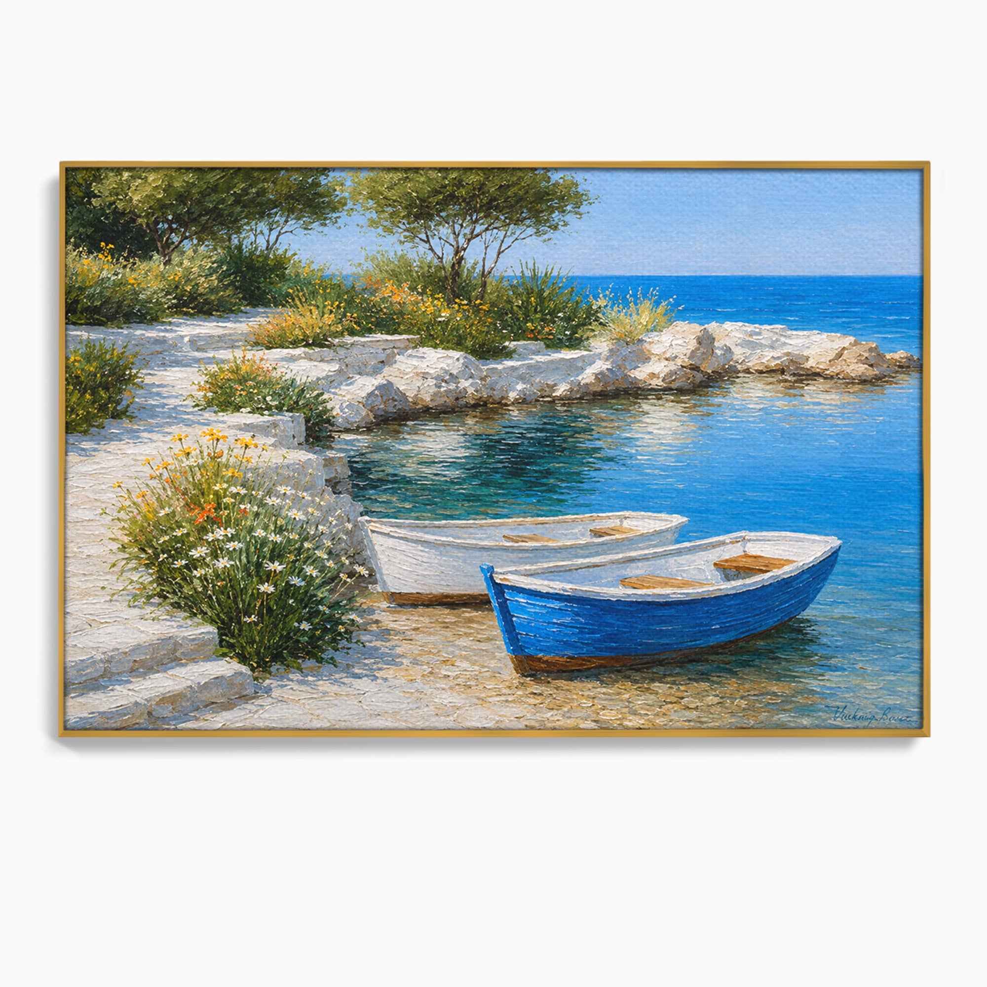 Tablou Canvas Premium LuxCanva® A1693, Barci La Tarm, Mare, Barci, Peisaj, Natura, Living, Culori Vibrante