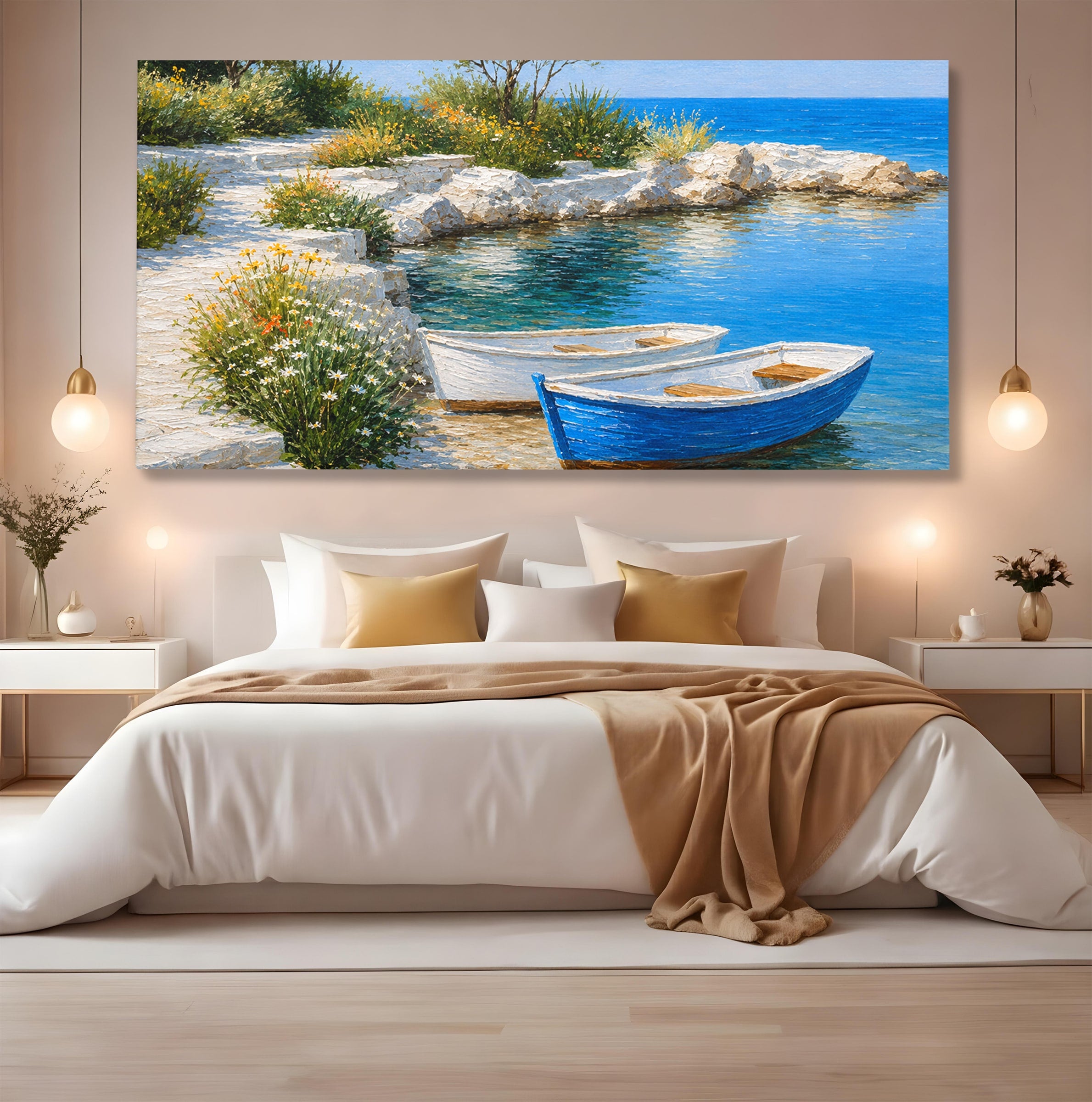 Tablou Canvas Premium LuxCanva® A1693, Barci La Tarm, Mare, Barci, Peisaj, Natura, Living, Culori Vibrante