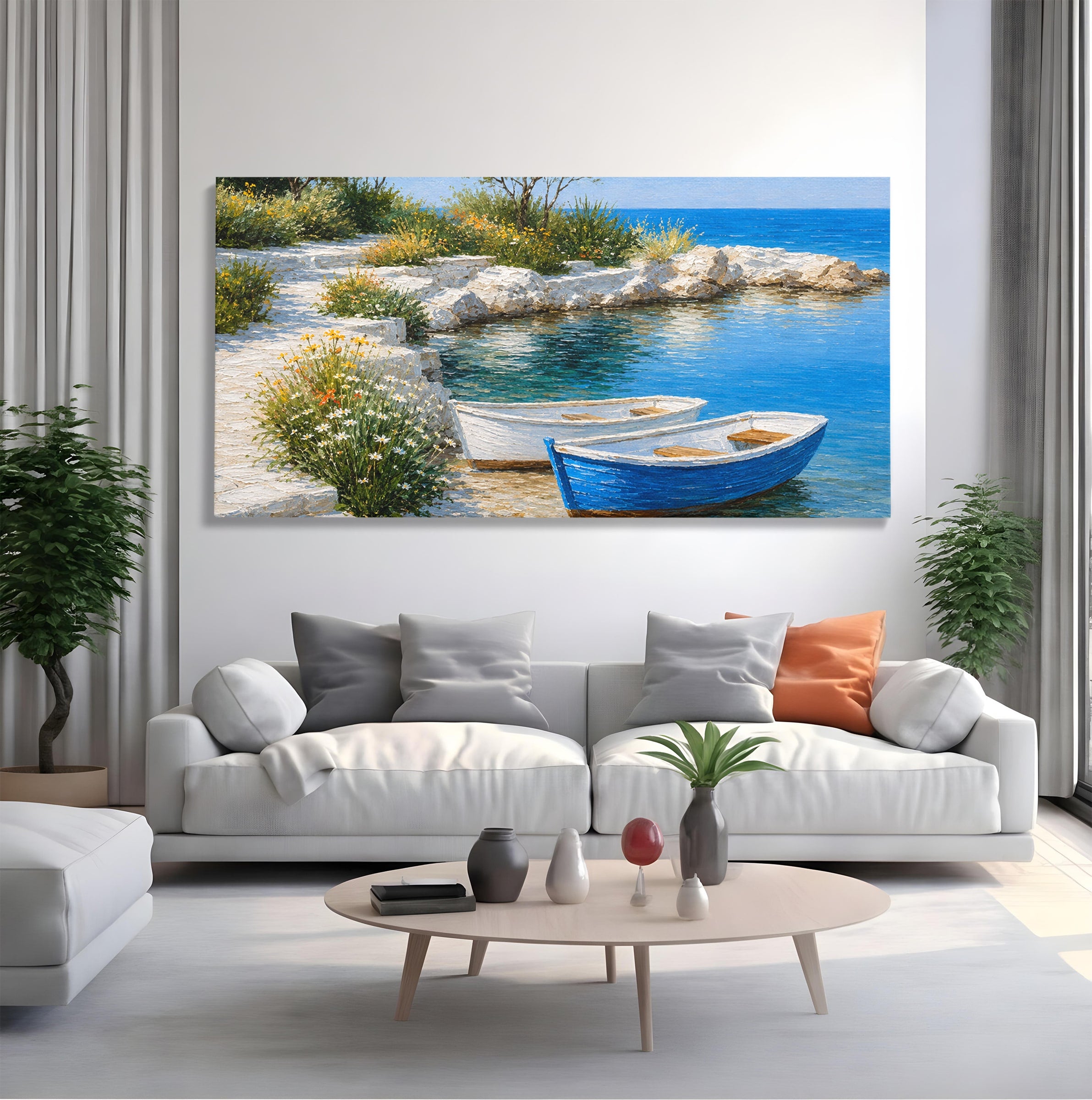 Tablou Canvas Premium LuxCanva® A1693, Barci La Tarm, Mare, Barci, Peisaj, Natura, Living, Culori Vibrante