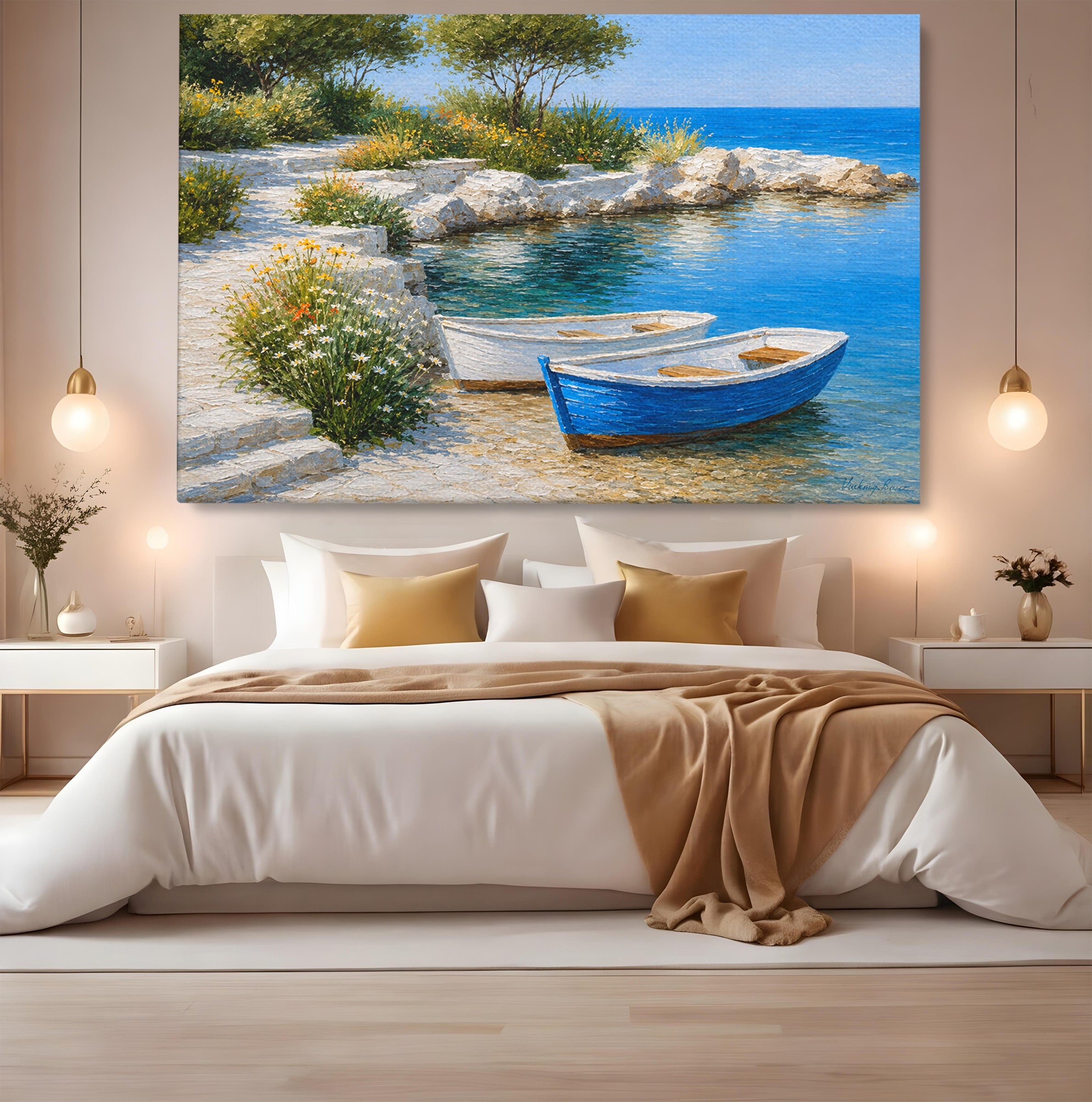 Tablou Canvas Premium LuxCanva® A1693, Barci La Tarm, Mare, Barci, Peisaj, Natura, Living, Culori Vibrante