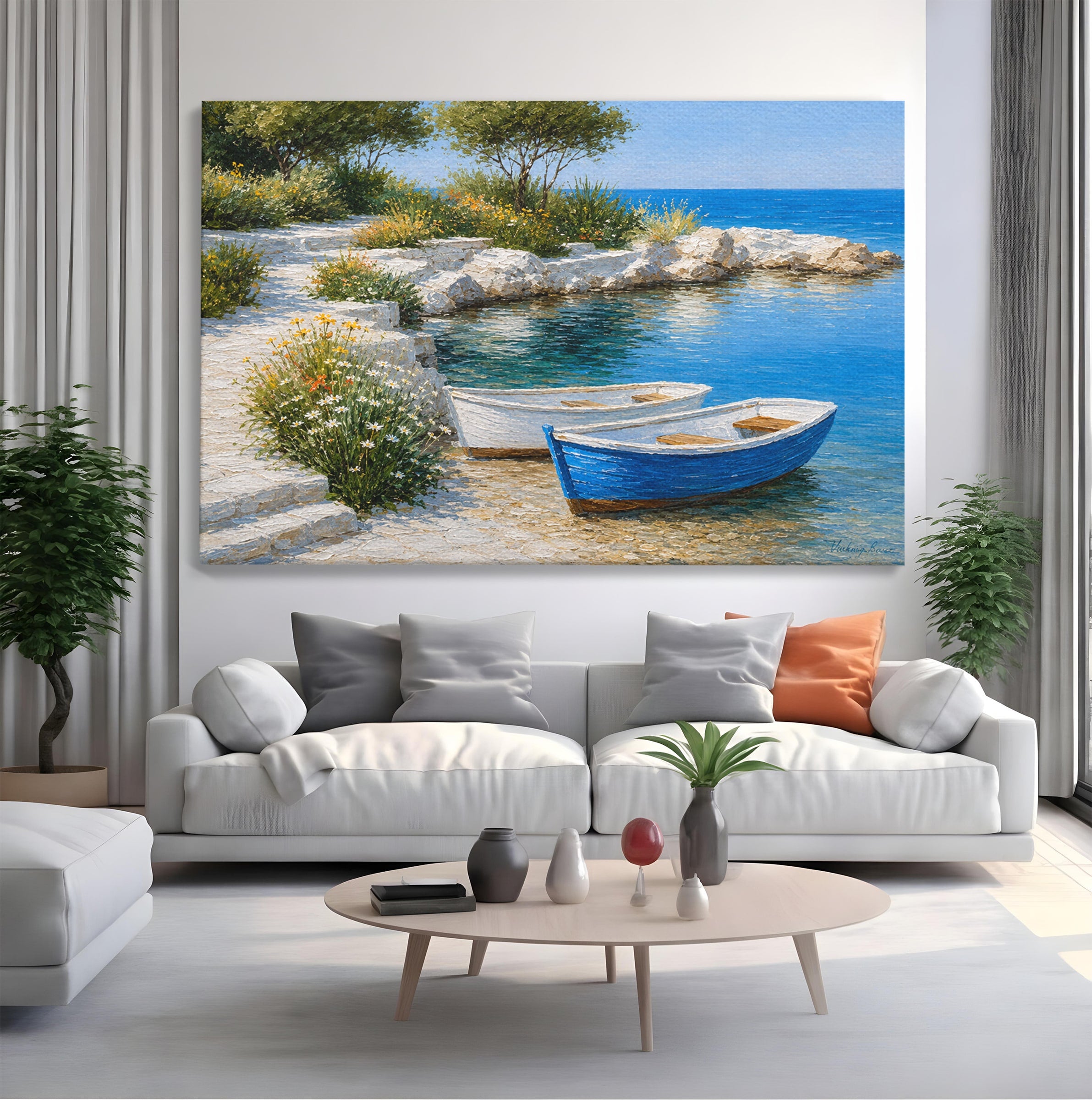 Tablou Canvas Premium LuxCanva® A1693, Barci La Tarm, Mare, Barci, Peisaj, Natura, Living, Culori Vibrante