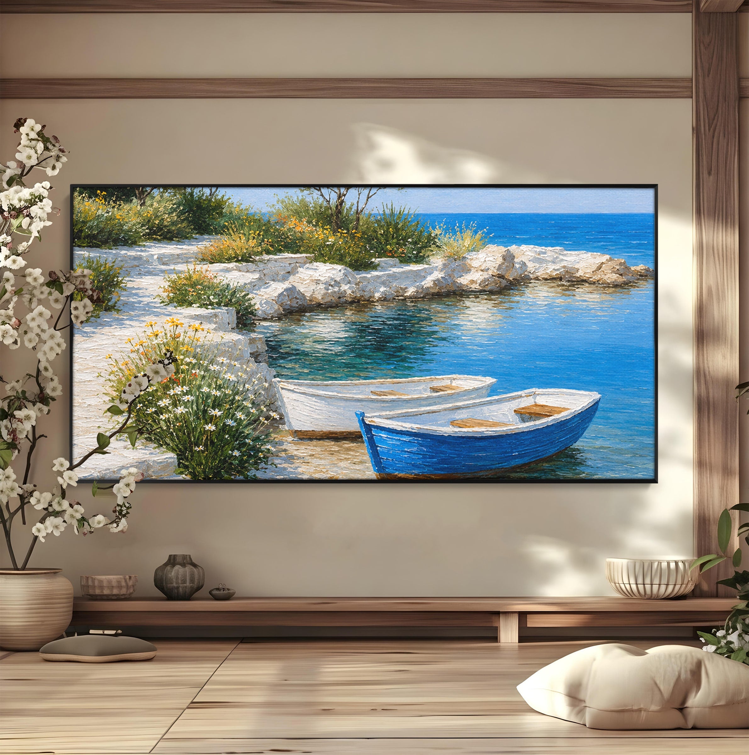 Tablou Canvas Premium LuxCanva® A1693, Barci La Tarm, Mare, Barci, Peisaj, Natura, Living, Culori Vibrante
