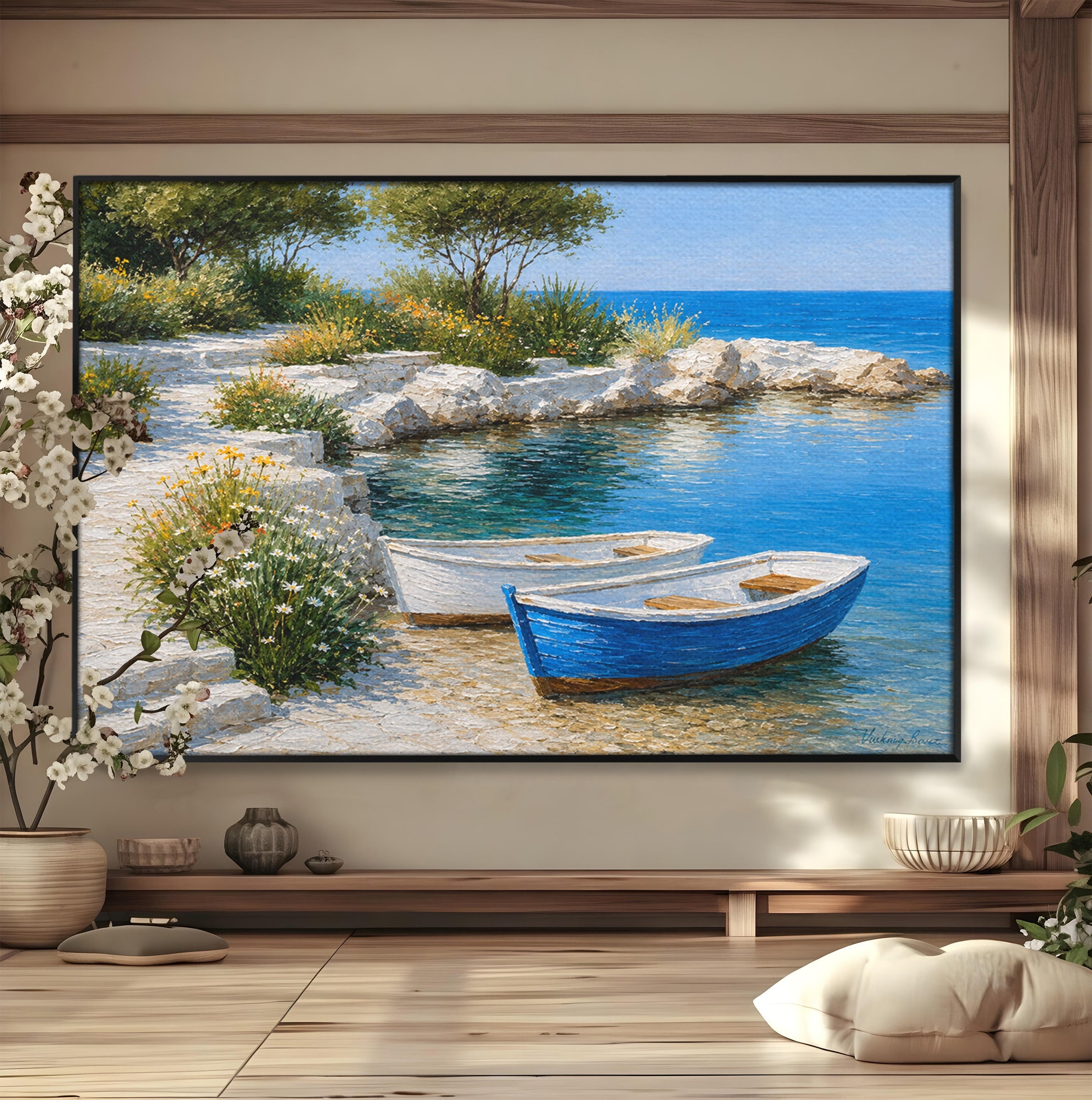 Tablou Canvas Premium LuxCanva® A1693, Barci La Tarm, Mare, Barci, Peisaj, Natura, Living, Culori Vibrante