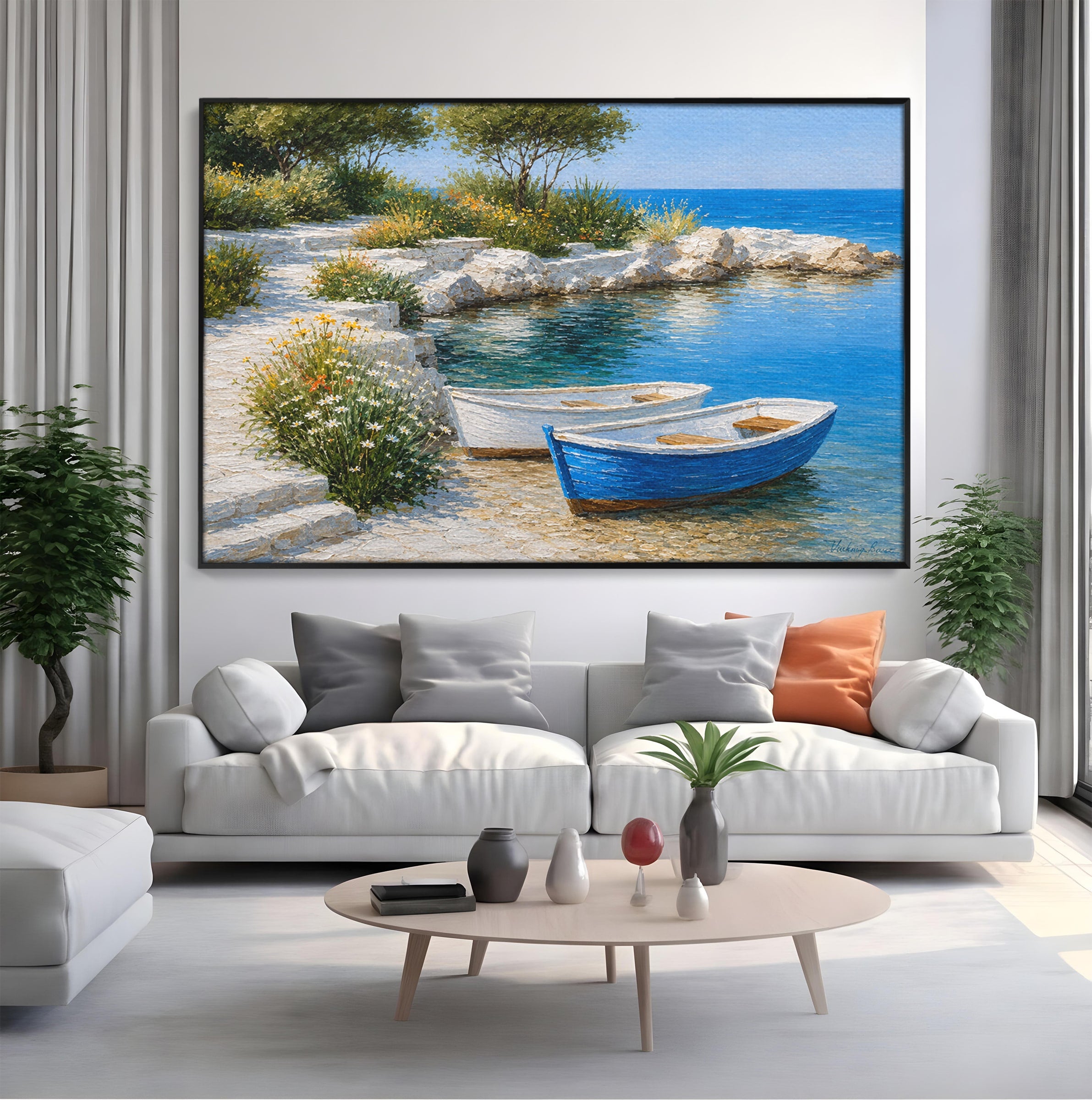 Tablou Canvas Premium LuxCanva® A1693, Barci La Tarm, Mare, Barci, Peisaj, Natura, Living, Culori Vibrante