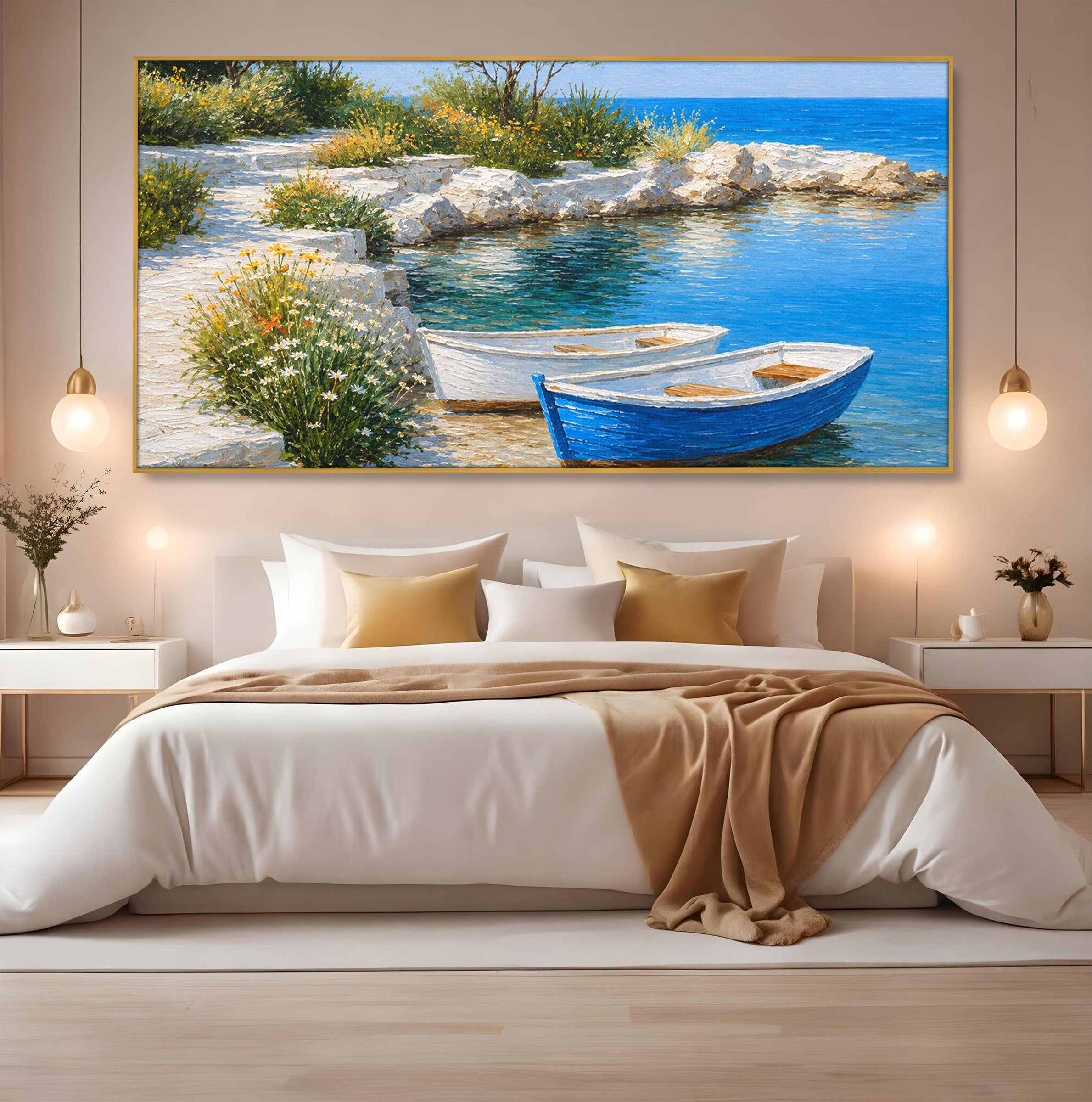 Tablou Canvas Premium LuxCanva® A1693, Barci La Tarm, Mare, Barci, Peisaj, Natura, Living, Culori Vibrante
