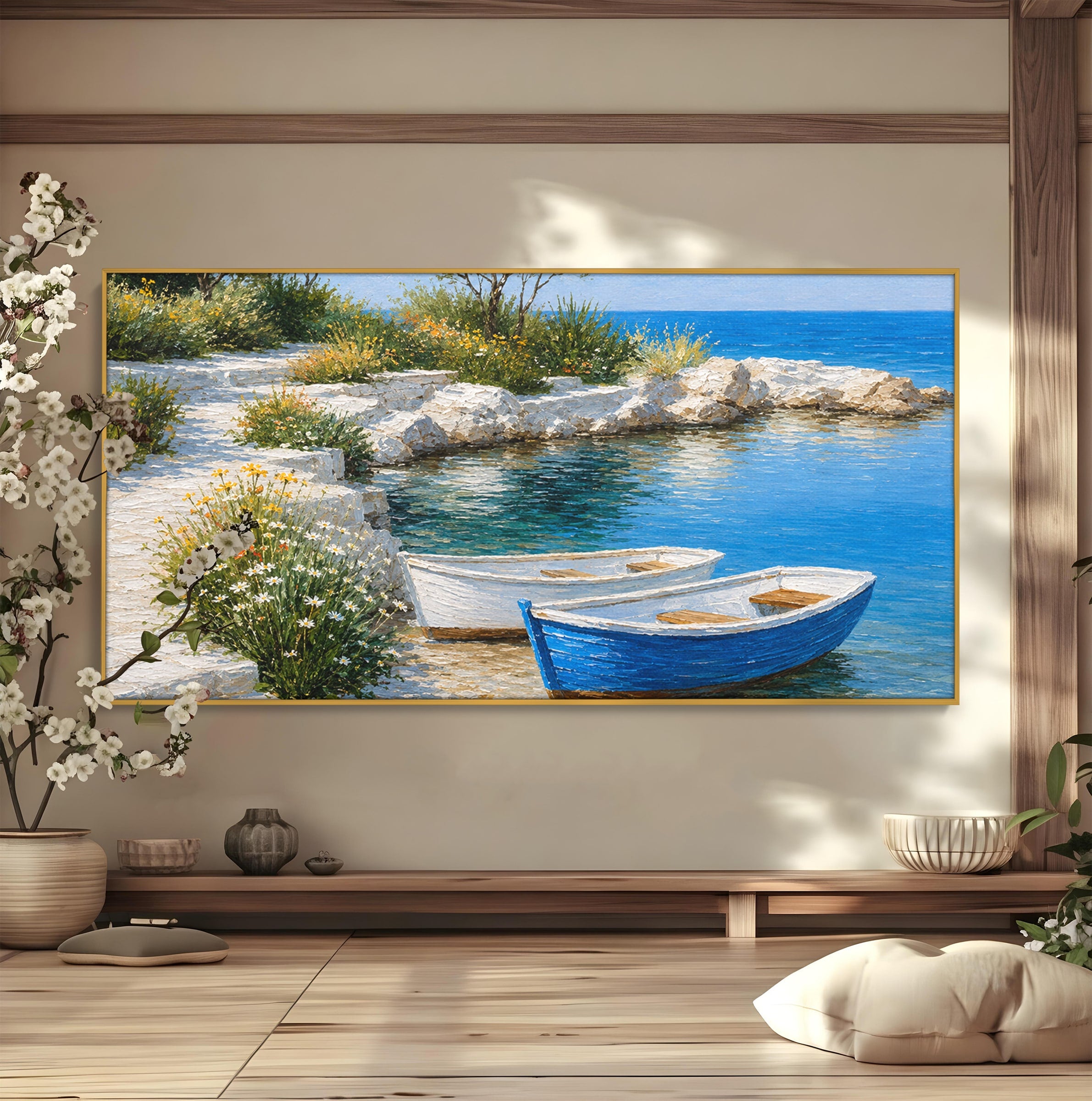 Tablou Canvas Premium LuxCanva® A1693, Barci La Tarm, Mare, Barci, Peisaj, Natura, Living, Culori Vibrante