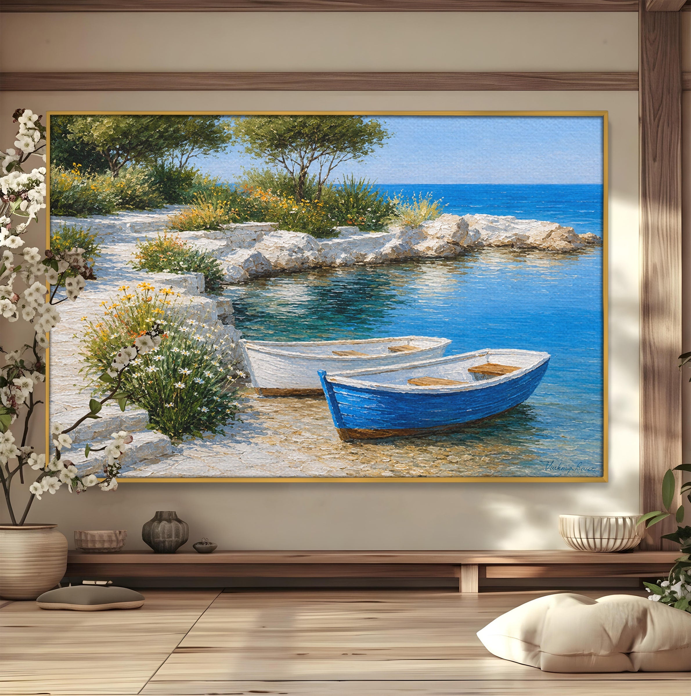 Tablou Canvas Premium LuxCanva® A1693, Barci La Tarm, Mare, Barci, Peisaj, Natura, Living, Culori Vibrante
