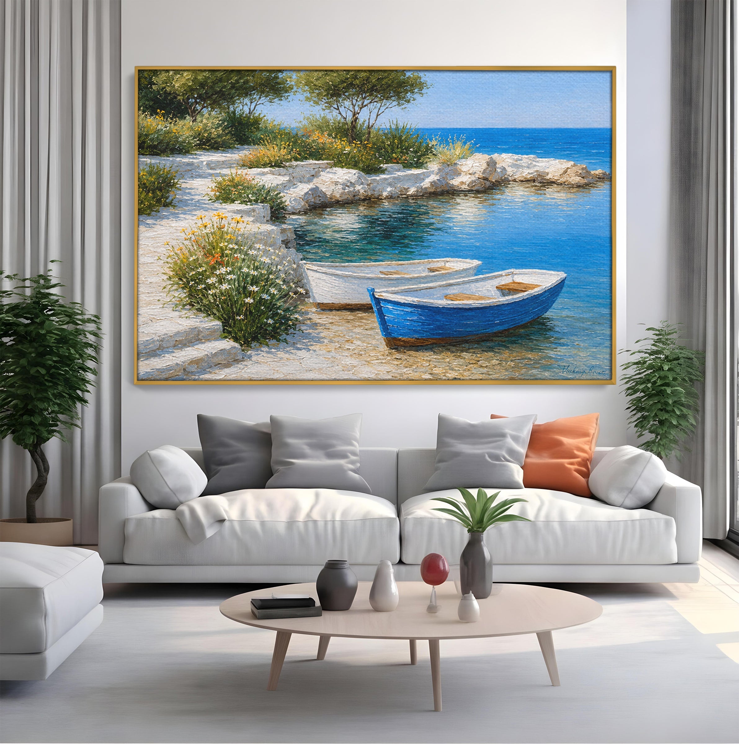 Tablou Canvas Premium LuxCanva® A1693, Barci La Tarm, Mare, Barci, Peisaj, Natura, Living, Culori Vibrante