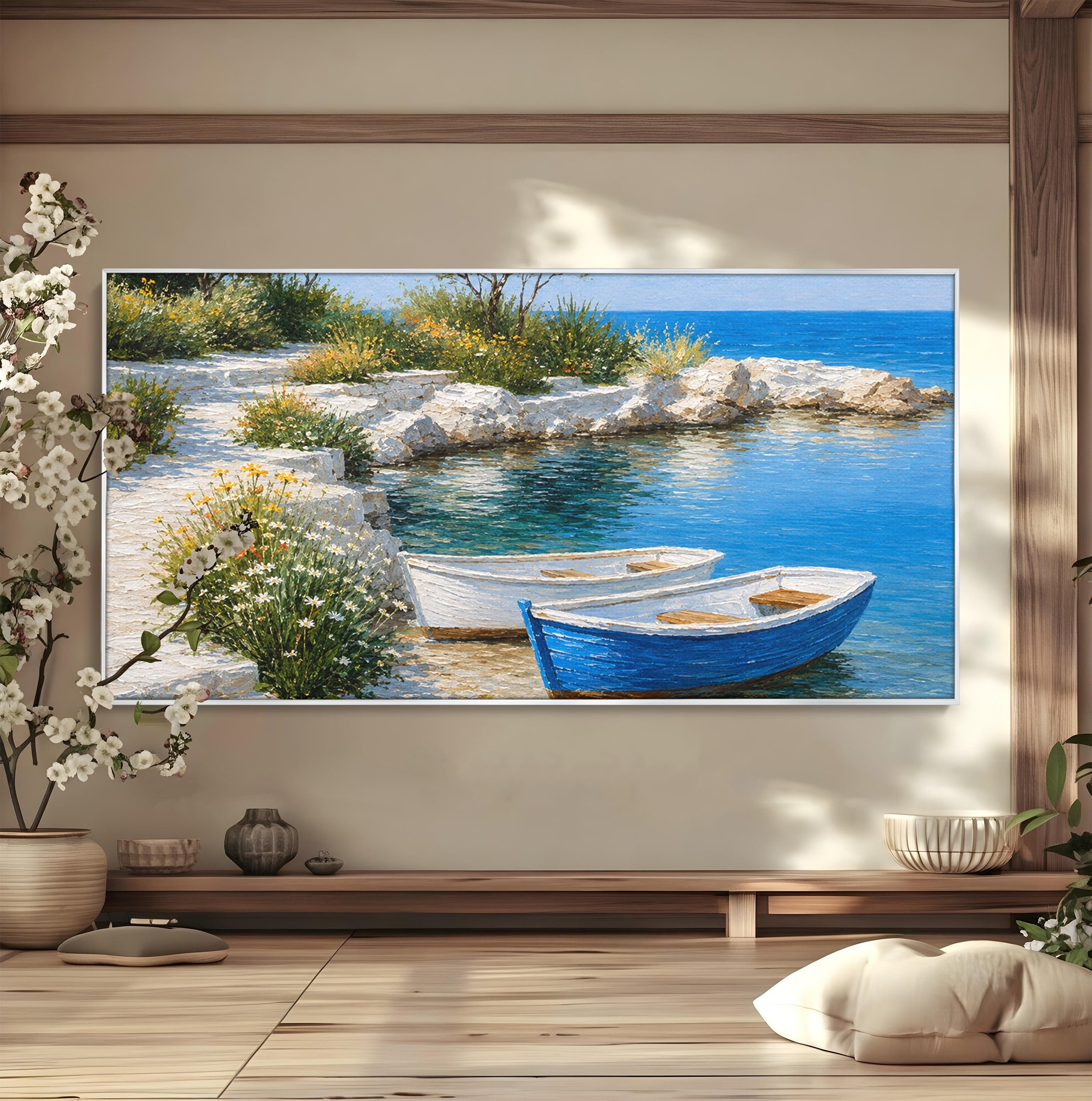 Tablou Canvas Premium LuxCanva® A1693, Barci La Tarm, Mare, Barci, Peisaj, Natura, Living, Culori Vibrante