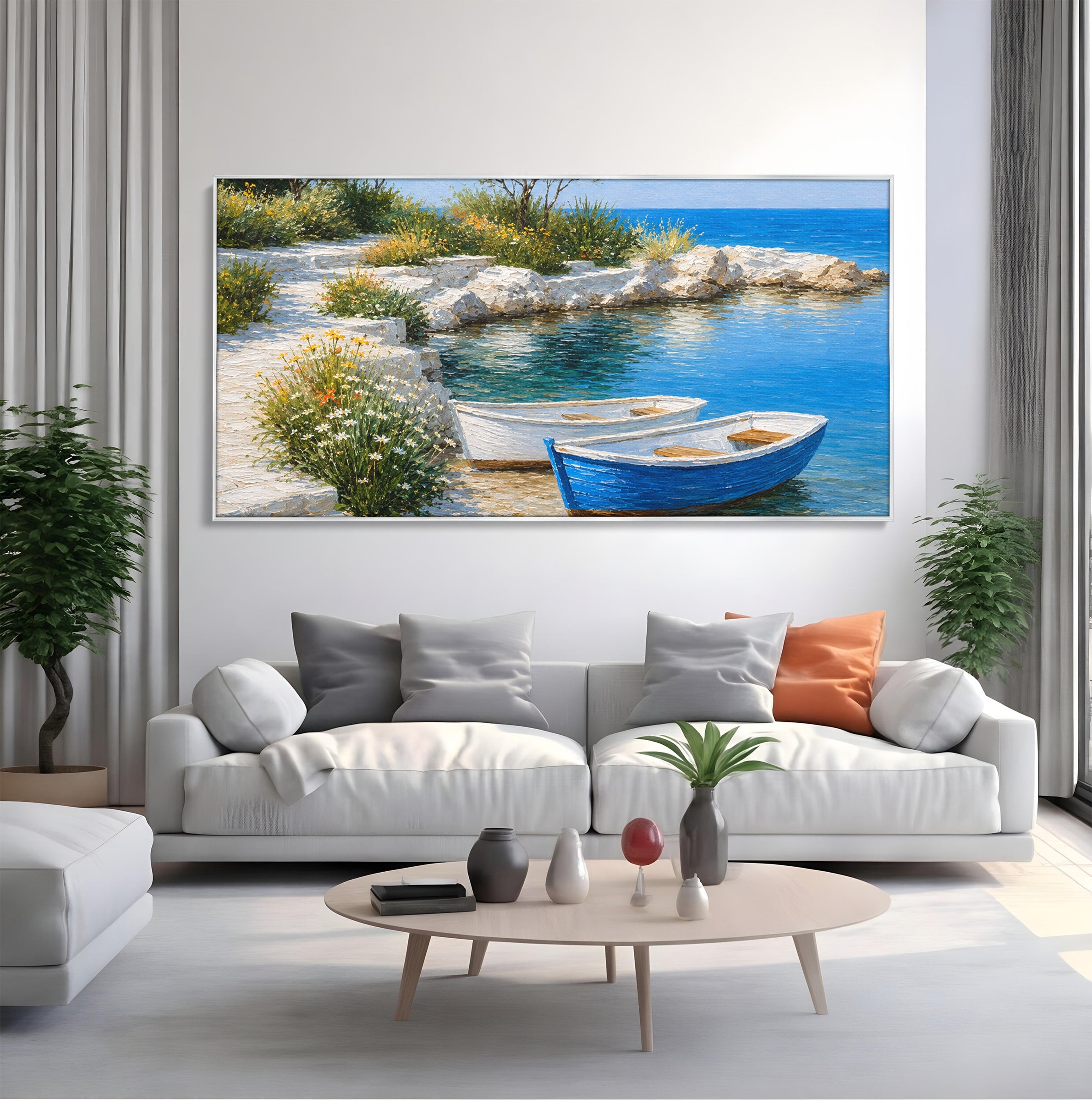 Tablou Canvas Premium LuxCanva® A1693, Barci La Tarm, Mare, Barci, Peisaj, Natura, Living, Culori Vibrante