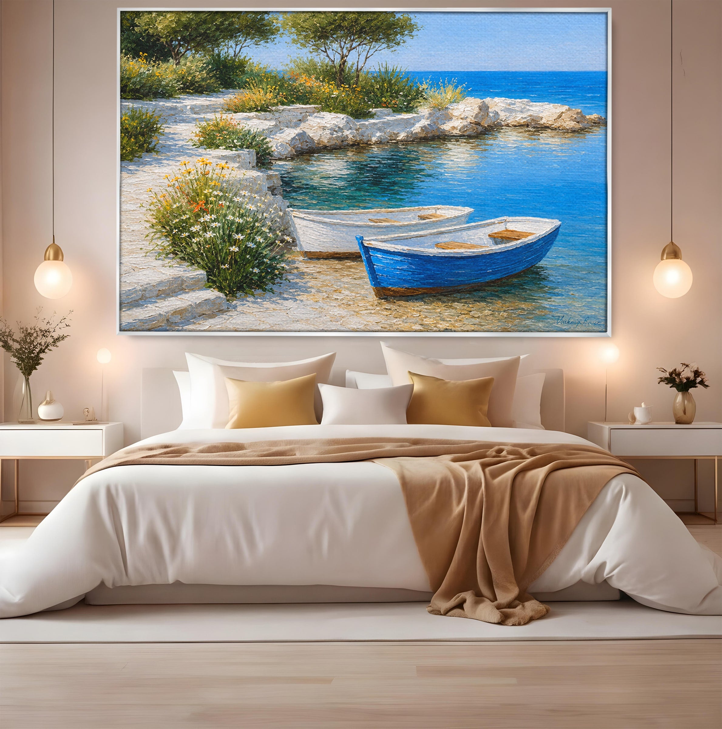 Tablou Canvas Premium LuxCanva® A1693, Barci La Tarm, Mare, Barci, Peisaj, Natura, Living, Culori Vibrante