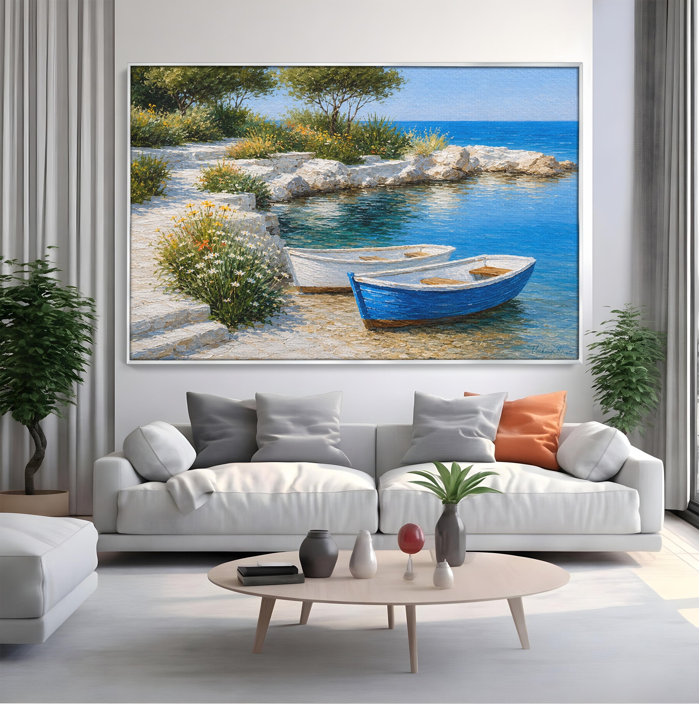 Tablou Canvas Premium LuxCanva® A1693, Barci La Tarm, Mare, Barci, Peisaj, Natura, Living, Culori Vibrante