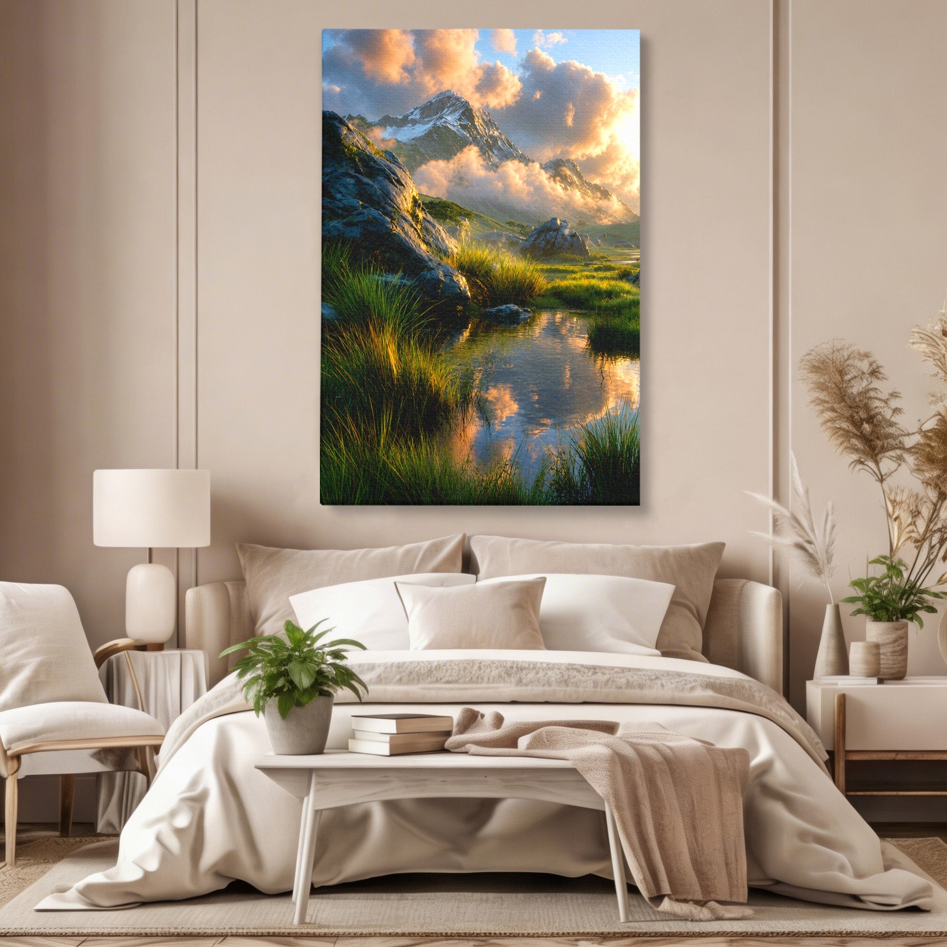 Tablou Canvas Premium LuxCanva® A1694, Peisaj Montan Idilic, Munti, Apus, Natura, Peisaj, Reflectie, Living, Dormitor, Culori Vibrante