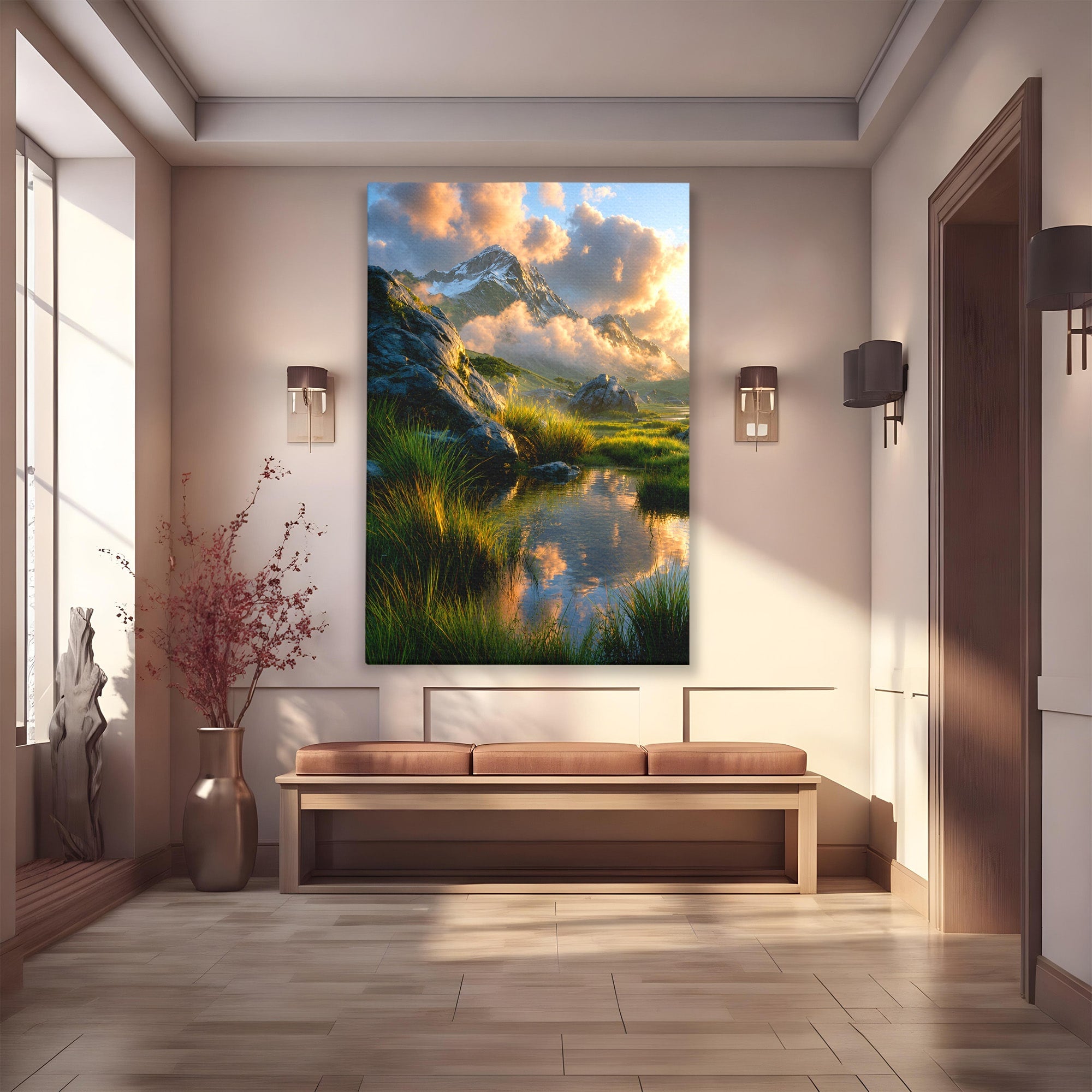 Tablou Canvas Premium LuxCanva® A1694, Peisaj Montan Idilic, Munti, Apus, Natura, Peisaj, Reflectie, Living, Dormitor, Culori Vibrante