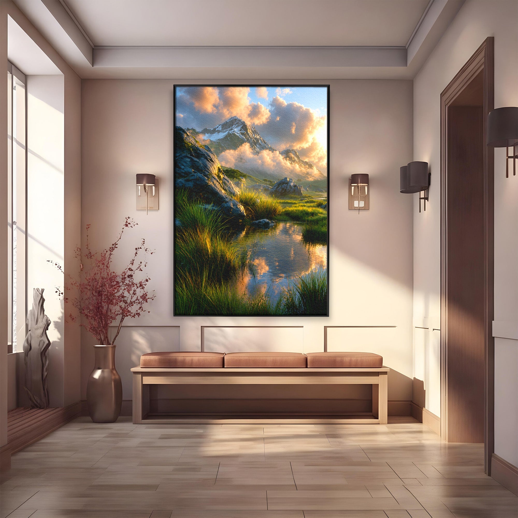 Tablou Canvas Premium LuxCanva® A1694, Peisaj Montan Idilic, Munti, Apus, Natura, Peisaj, Reflectie, Living, Dormitor, Culori Vibrante