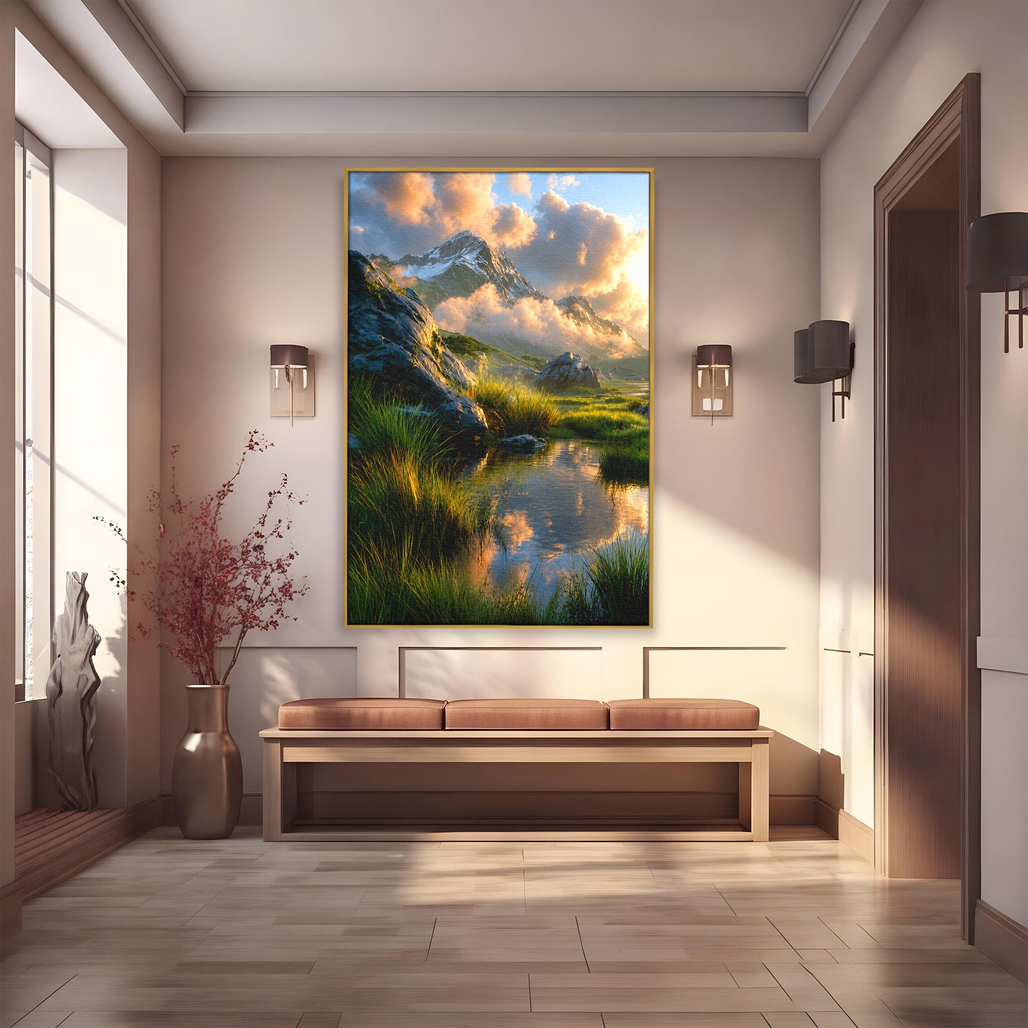 Tablou Canvas Premium LuxCanva® A1694, Peisaj Montan Idilic, Munti, Apus, Natura, Peisaj, Reflectie, Living, Dormitor, Culori Vibrante
