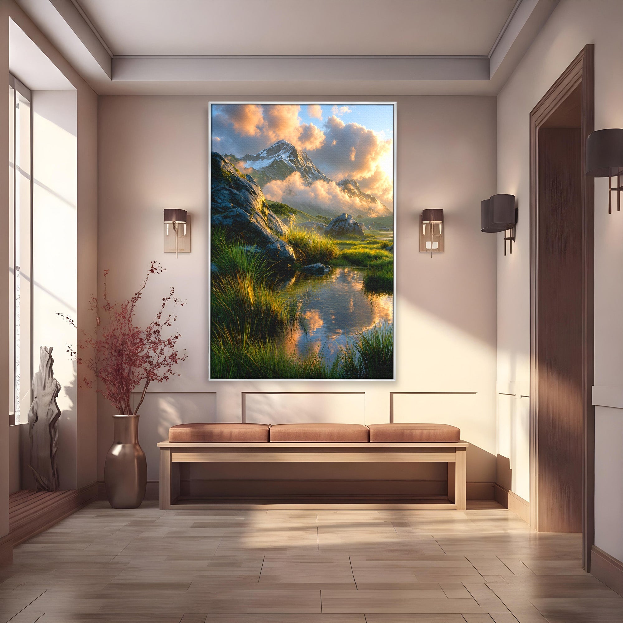 Tablou Canvas Premium LuxCanva® A1694, Peisaj Montan Idilic, Munti, Apus, Natura, Peisaj, Reflectie, Living, Dormitor, Culori Vibrante