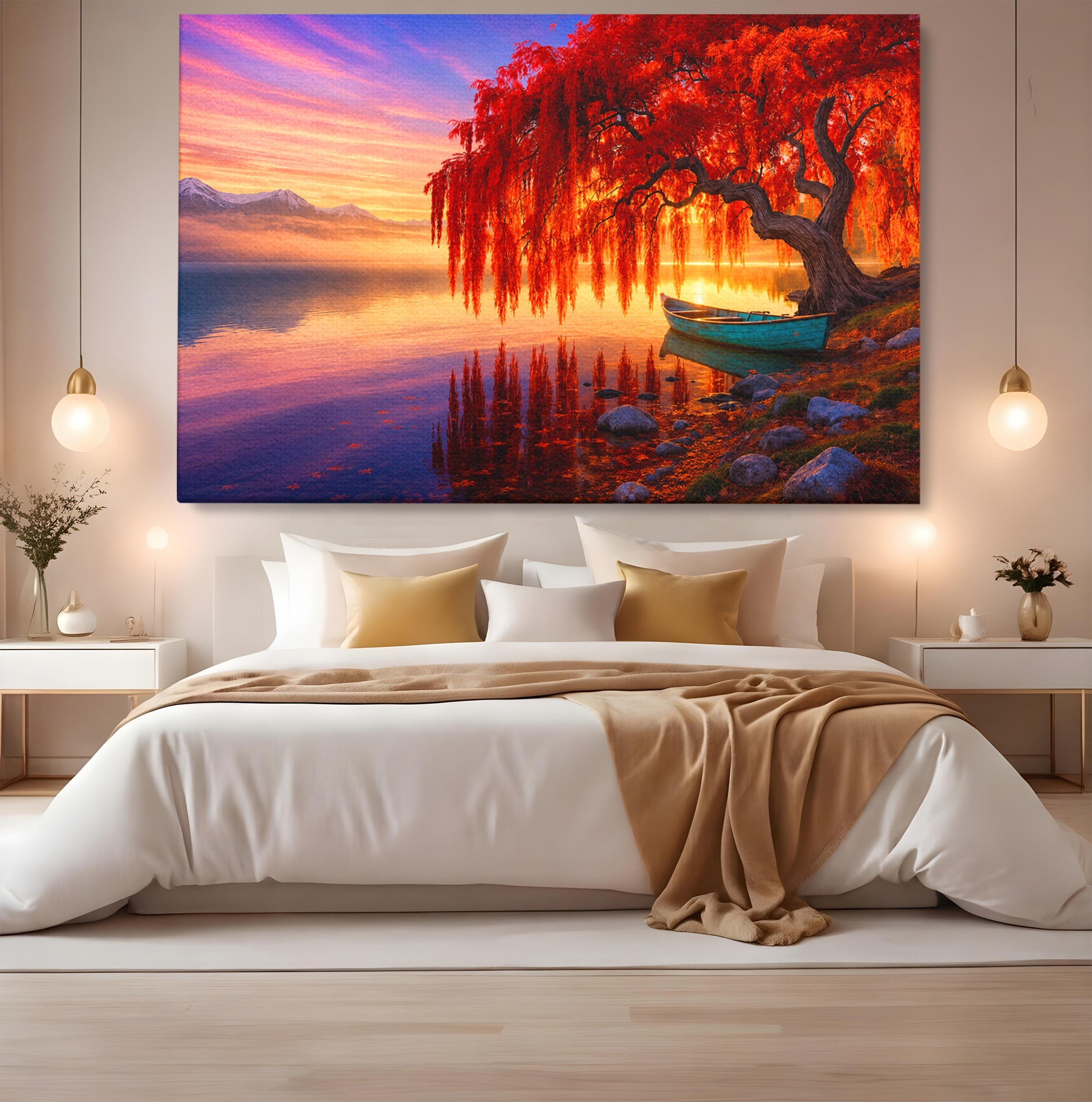 Tablou Canvas Premium LuxCanva® A1695, Copacul De Foc, Copac, Lac, Apus, Natura, Peisaj, Living, Culori Vibrante