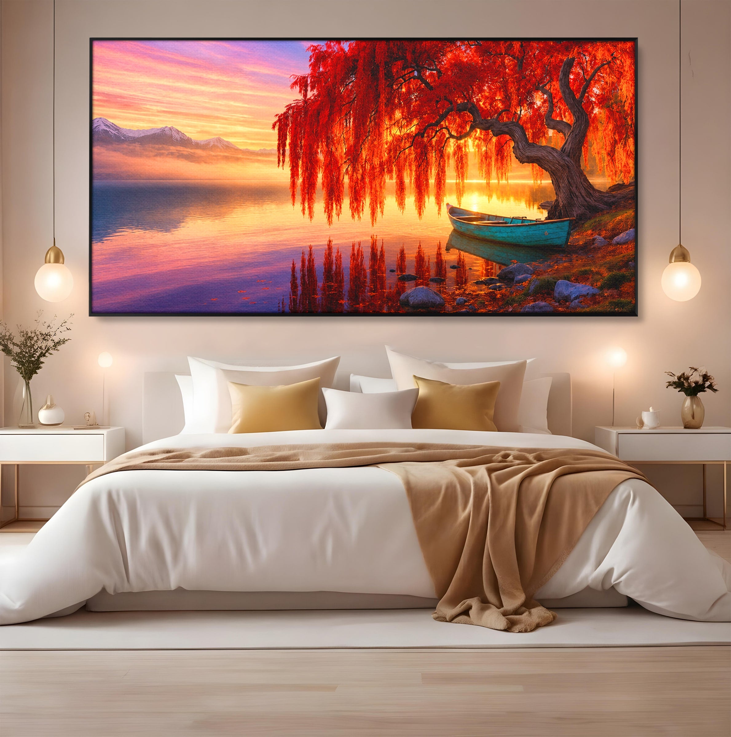 Tablou Canvas Premium LuxCanva® A1695, Copacul De Foc, Copac, Lac, Apus, Natura, Peisaj, Living, Culori Vibrante