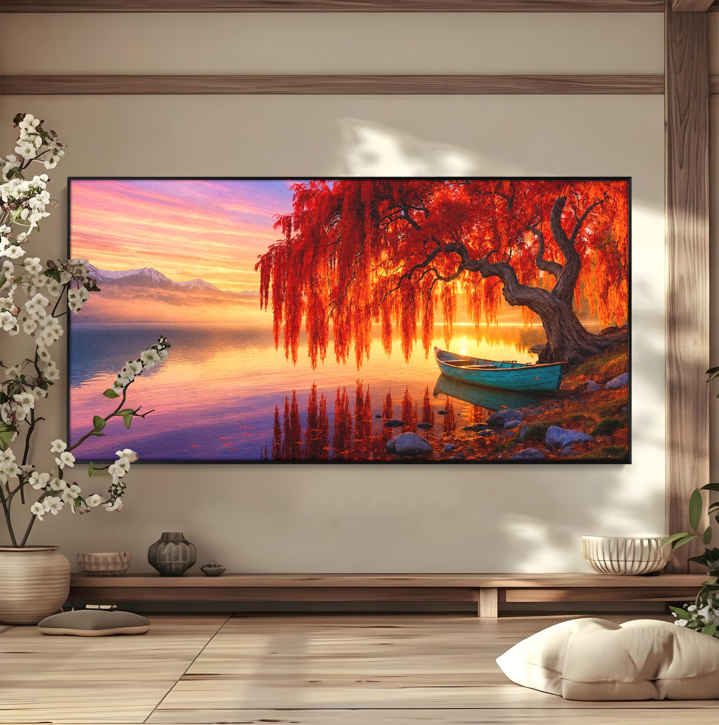 Tablou Canvas Premium LuxCanva® A1695, Copacul De Foc, Copac, Lac, Apus, Natura, Peisaj, Living, Culori Vibrante