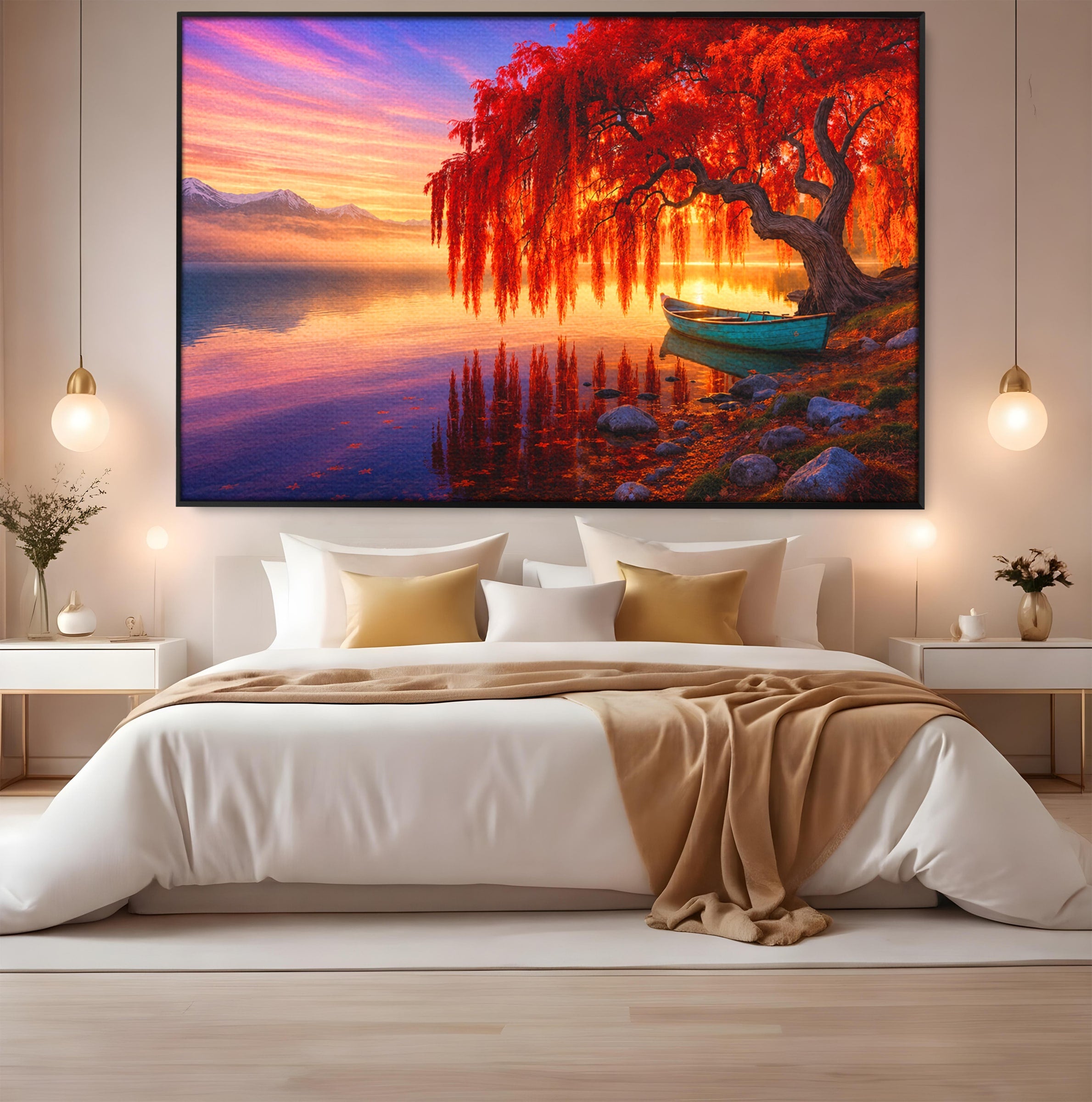 Tablou Canvas Premium LuxCanva® A1695, Copacul De Foc, Copac, Lac, Apus, Natura, Peisaj, Living, Culori Vibrante