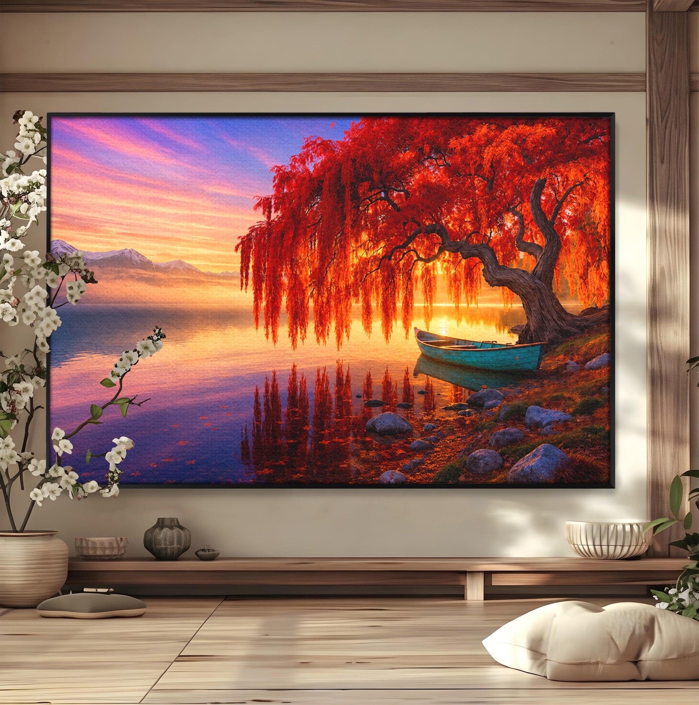 Tablou Canvas Premium LuxCanva® A1695, Copacul De Foc, Copac, Lac, Apus, Natura, Peisaj, Living, Culori Vibrante