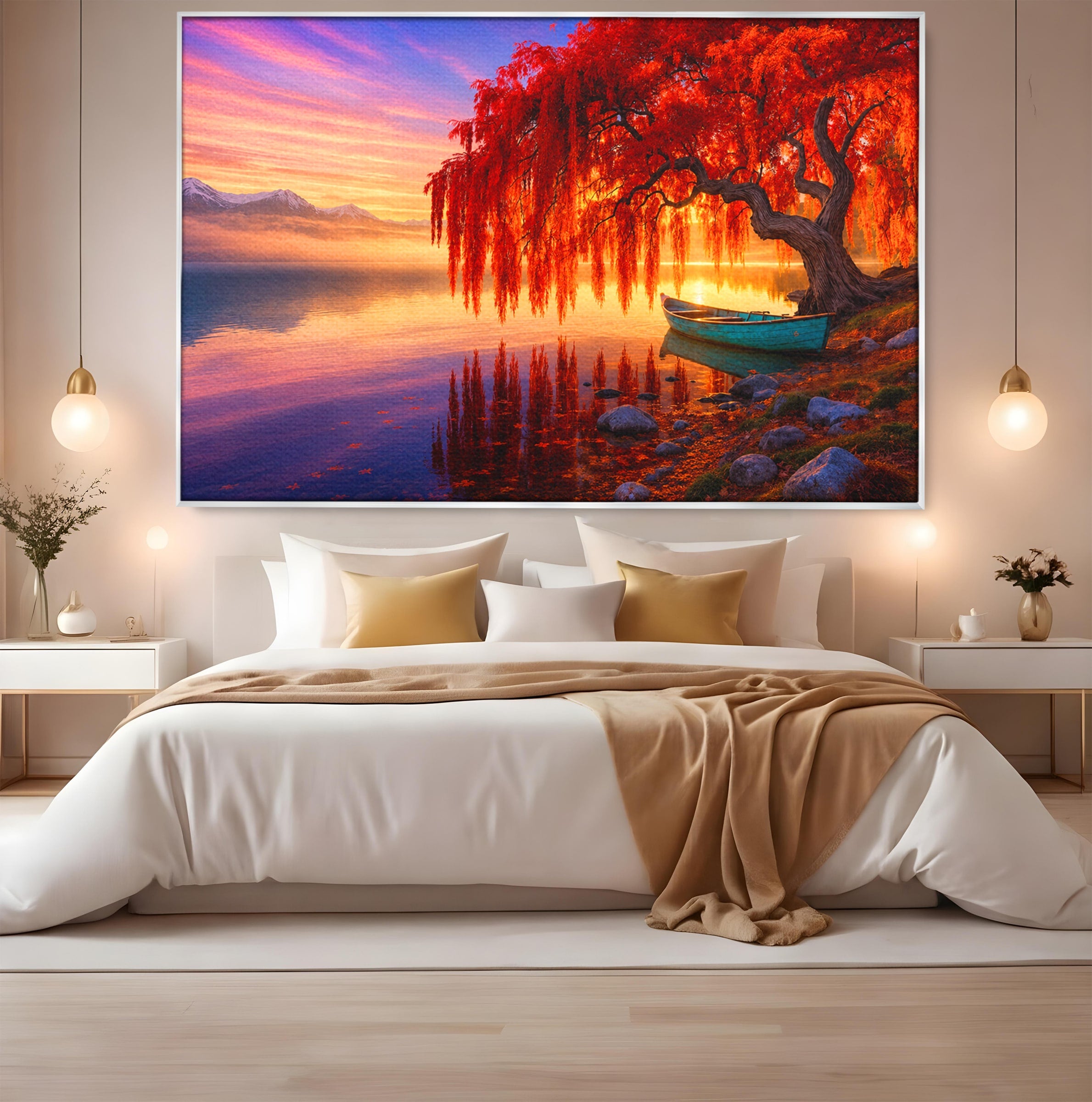Tablou Canvas Premium LuxCanva® A1695, Copacul De Foc, Copac, Lac, Apus, Natura, Peisaj, Living, Culori Vibrante