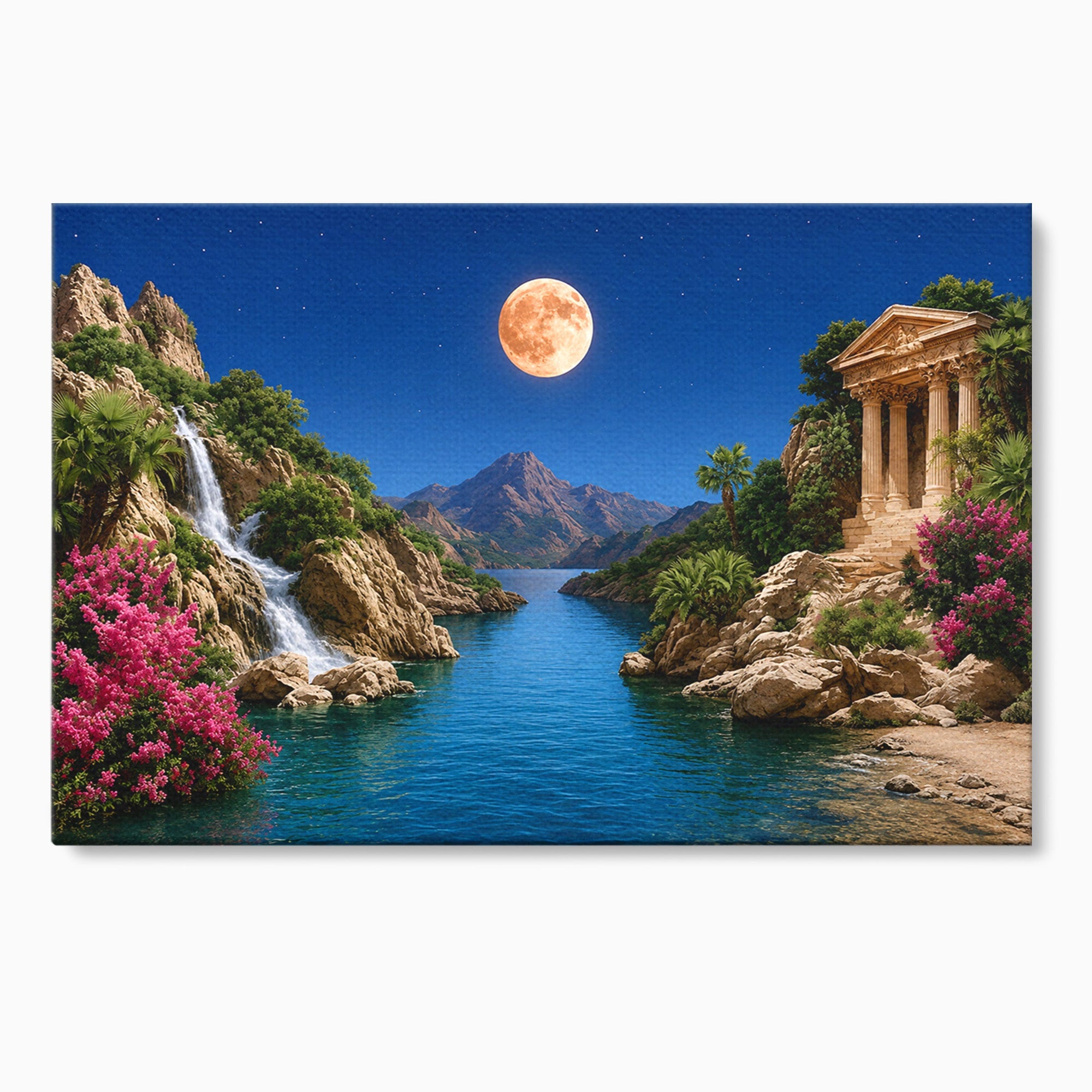 Tablou Canvas Premium LuxCanva® A1696, Peisaj Lunar De Vis, Peisaj, Luna, Rau, Templu, Natura, Living, Culori Vibrante